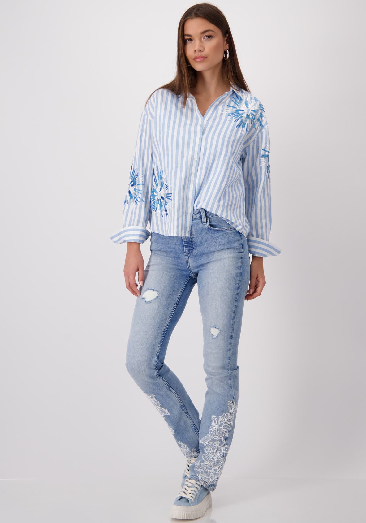 Monari Hemdbluse, mit Streifen und Blumenstickerei
