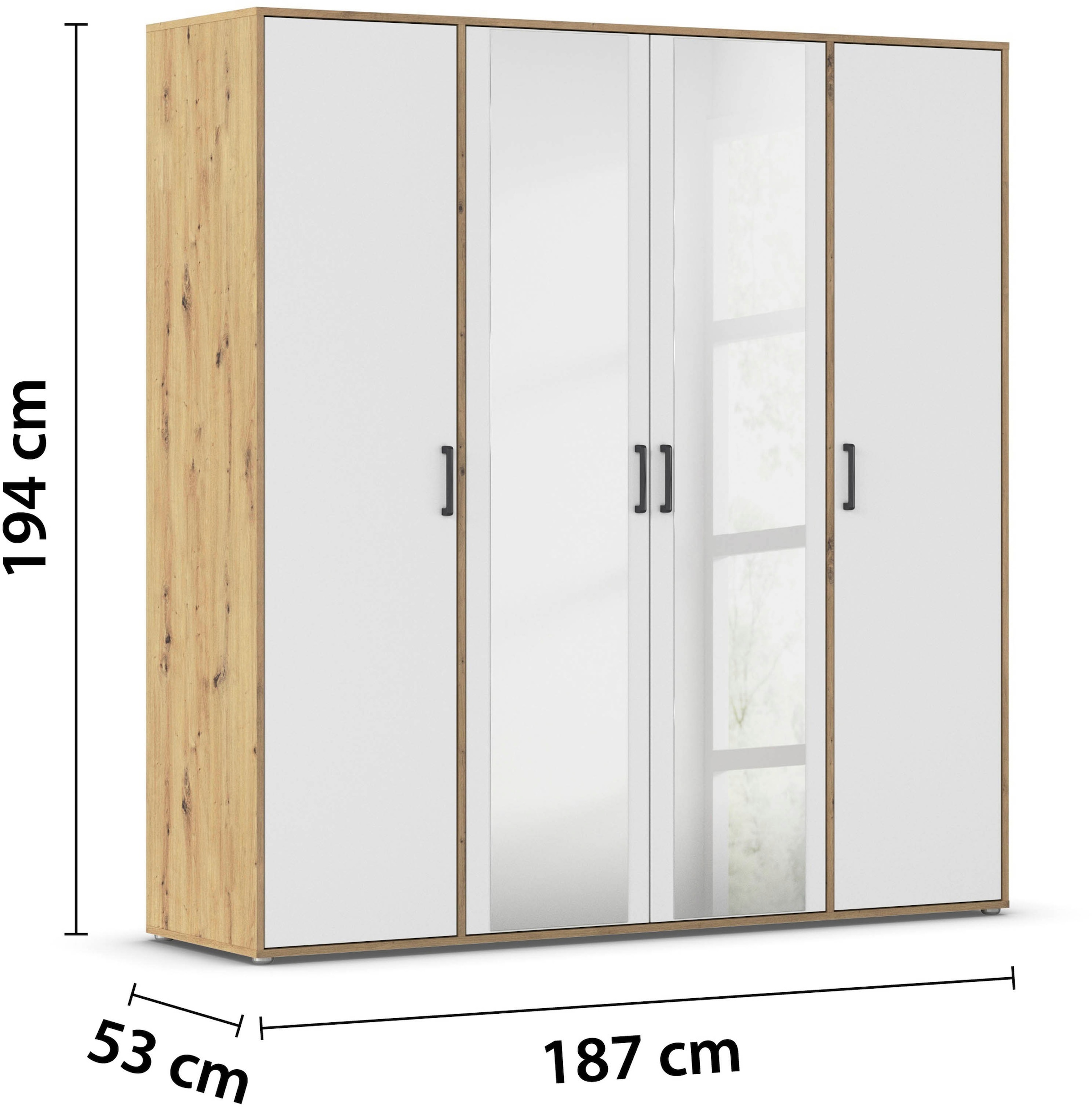 rauch Drehtürenschrank »Kleiderschrank Schrank Garderobe Wäscheschrank VOYAGER«, (in 3 verschiedenen Ausstattungen BASIC/CLASSIC/PREMIUM), mit modernen Griffen in Graumetallic und Spiegel