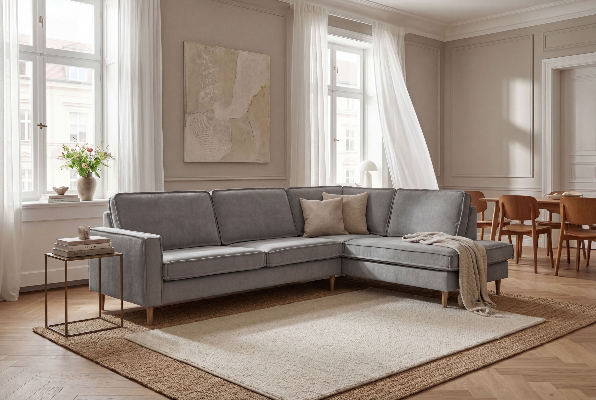 Home affaire Ecksofa »Pinto Skandi, 290 cm, Chenille, Struktur, Ottomane links / rechts« mit Keder, Massivholzfüße Eiche geräuchert, Wellenunterfederung