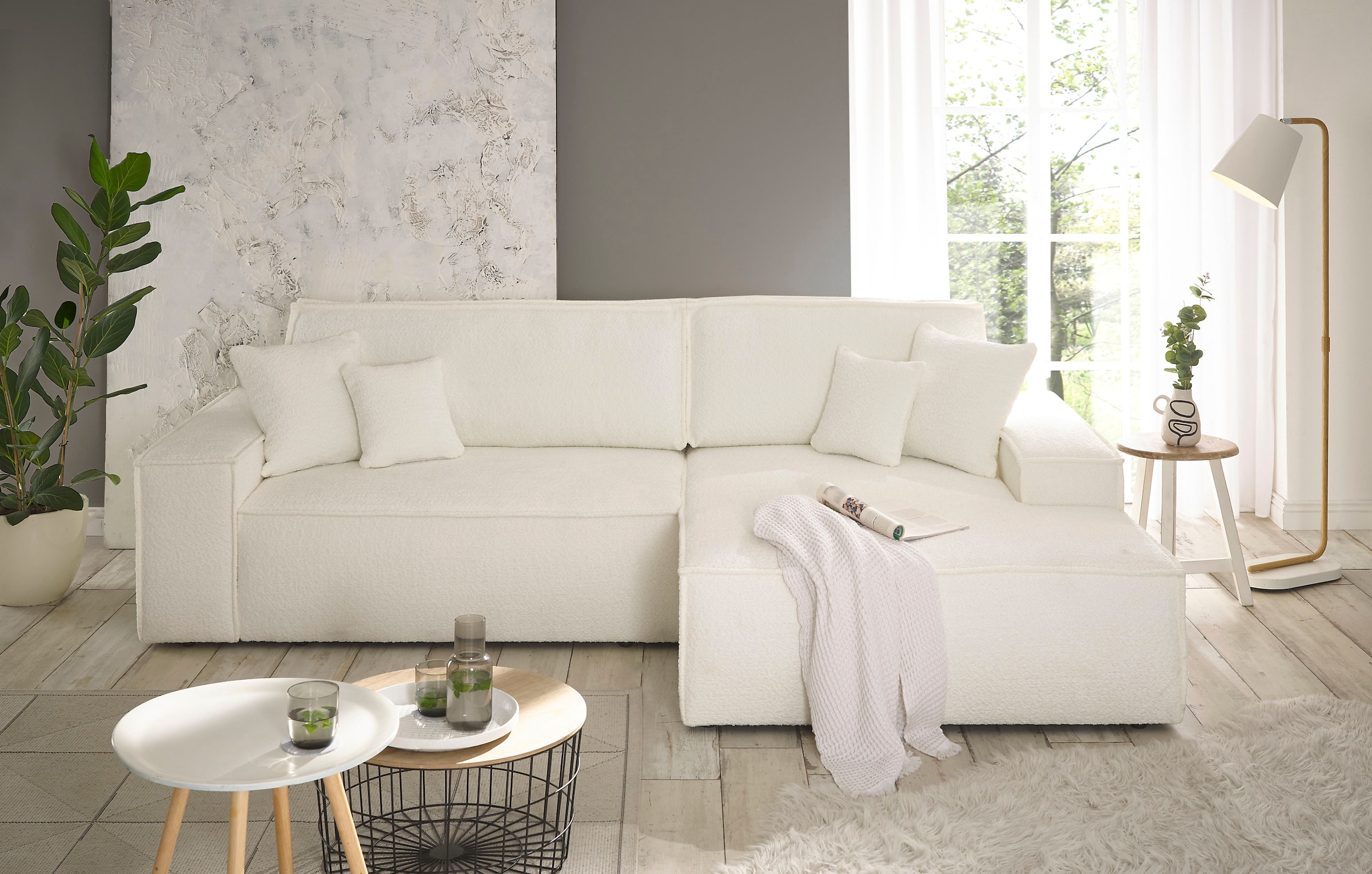 andas Ecksofa »Finnley Schlafsofa 267 cm in Bouclé u. Struktur fein, L-Form,«, Schlaffunktion m. Bettkasten (136/210 cm), Bouclé, Struktur