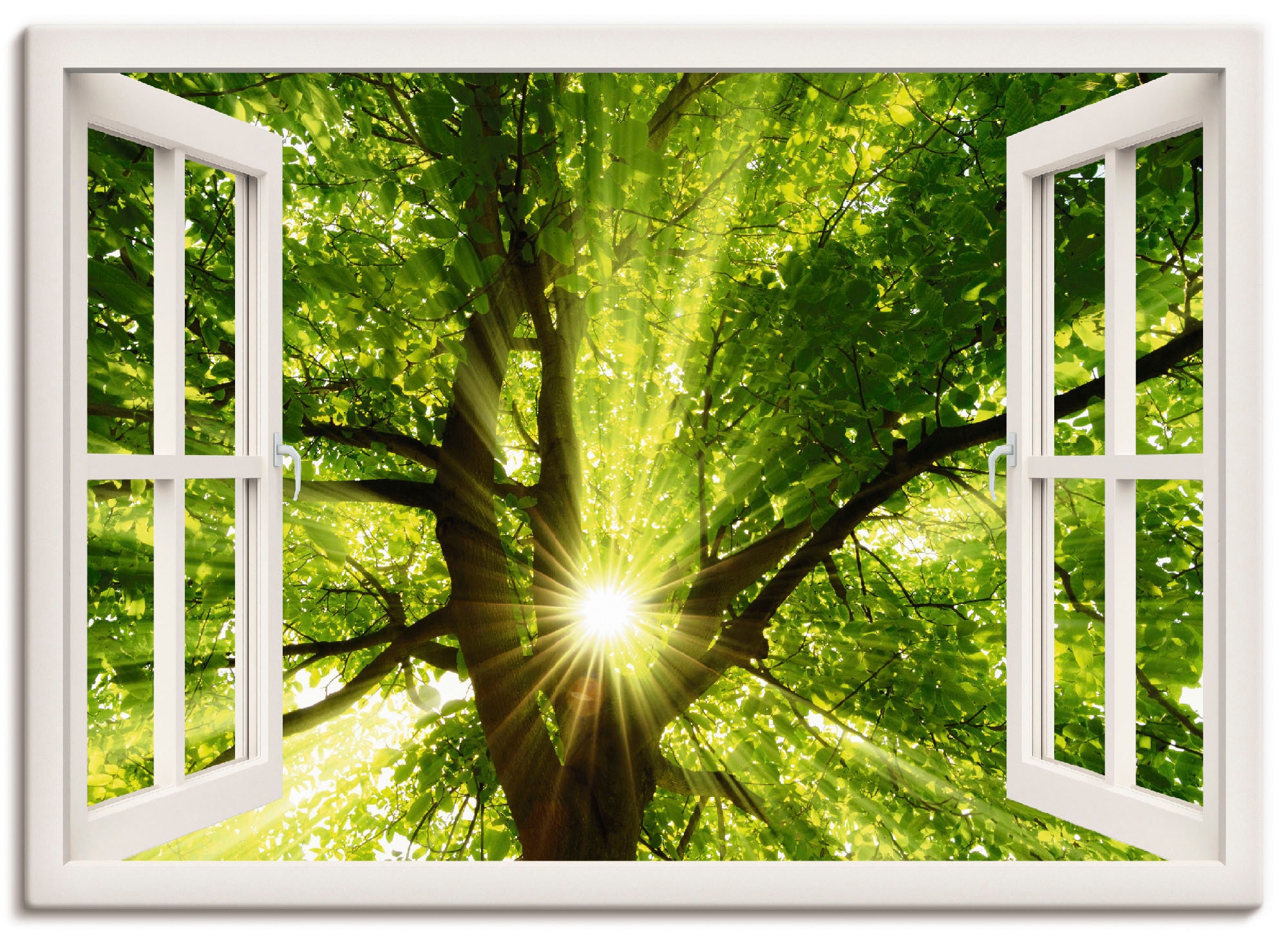 Artland Leinwandbild »Fensterblick Sonne strahlt durch Baum«, Bäume, (1 St.), auf Keilrahmen gespannt