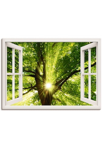 Leinwandbild »Fensterblick Sonne strahlt durch Baum«, Bäume, (1 St.)