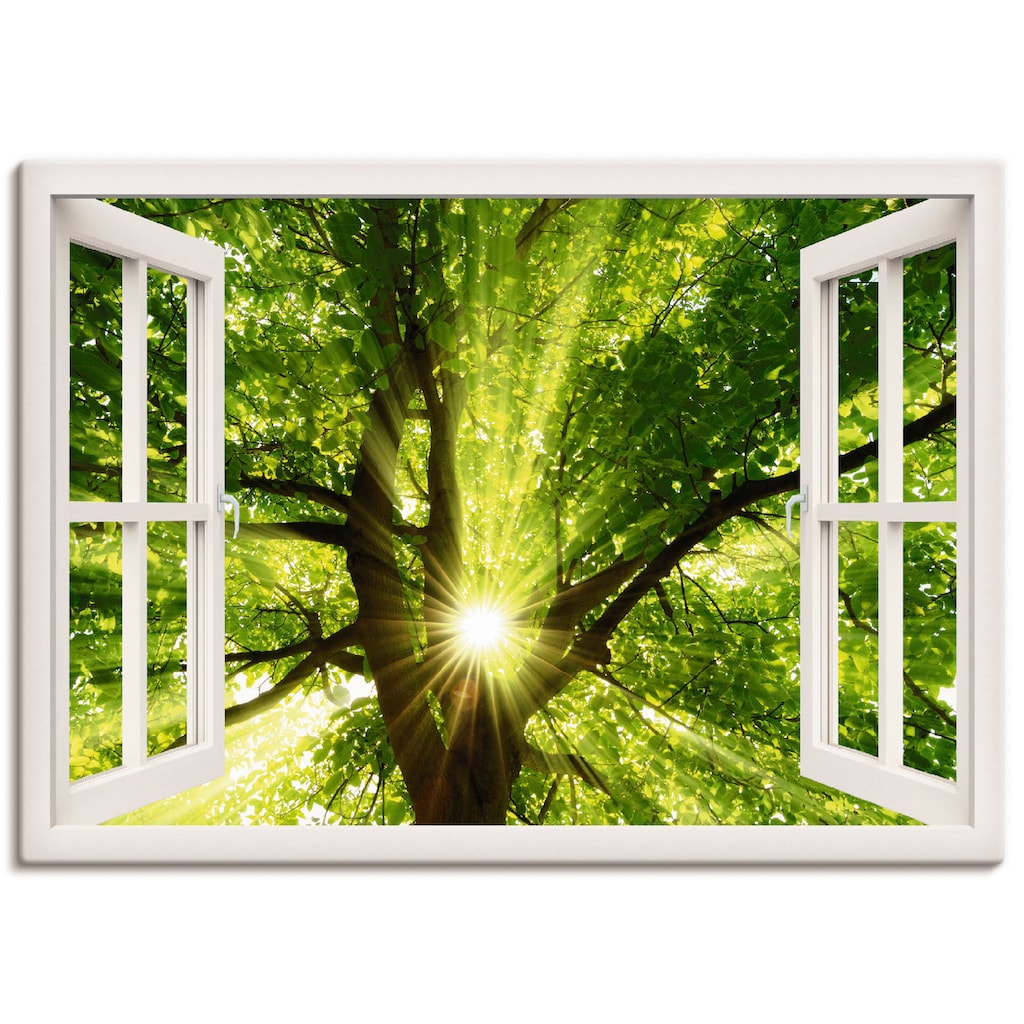 Artland Leinwandbild »Fensterblick Sonne strahlt durch Baum«, Bäume, (1 St.)