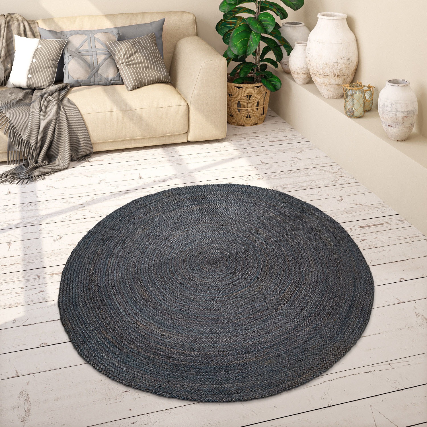 Paco Home Teppich »Viborg 595«, rund, 13 mm Höhe, Jute, Modern, Boho, Handgefertigter Natur-Teppich
