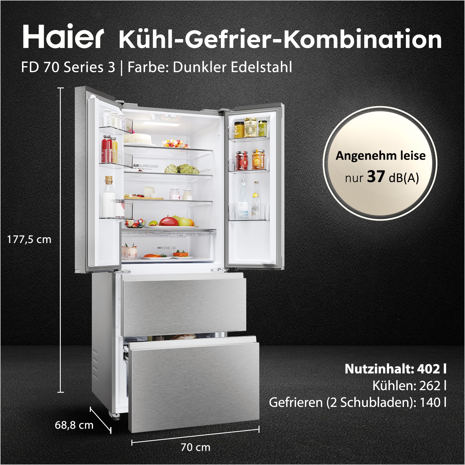 Haier Kühl-/Gefrierkombination French Door 70 »HFR3718DNMM« 177,5 cm hoch 70 cm breit French Door-Türen & Easy Access-Gefrierschubladen