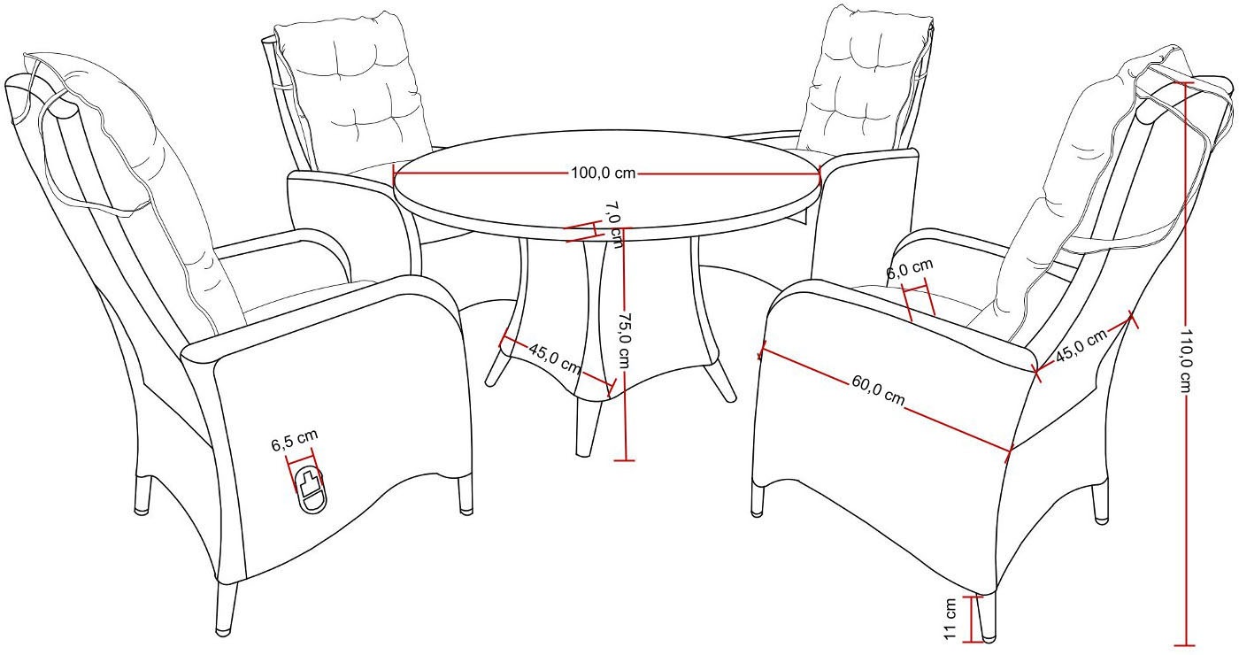 Destiny Garten-Essgruppe »PALMA LUNA«, (Set, 5 tlg., 1 Tisch Ø, 4 Hochlehner, verstellbar), (Set, 9-tlg., 4 Hochlehner, 1 Tisch Ø 100x75cm) Aluminium, Polyrattan