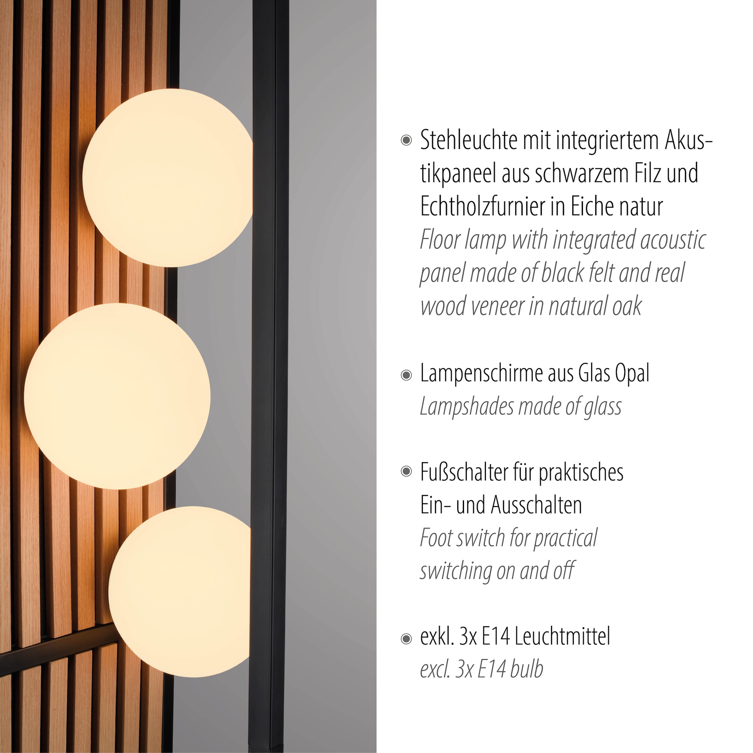 my home Stehlampe »Erinette Akustikpaneele mit Glaskugeln« E14 Warmweiß Holz, Akustik, Paneele, Glas, opal matt weiß, Stehleuchte, Fußschalter