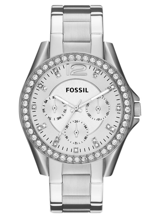 Fossil Multifunktionsuhr »RILEY, ES3202«, Quarzuhr, Armbanduhr, Damenuhr, Datum, Edelstahlarmband, Glassteine