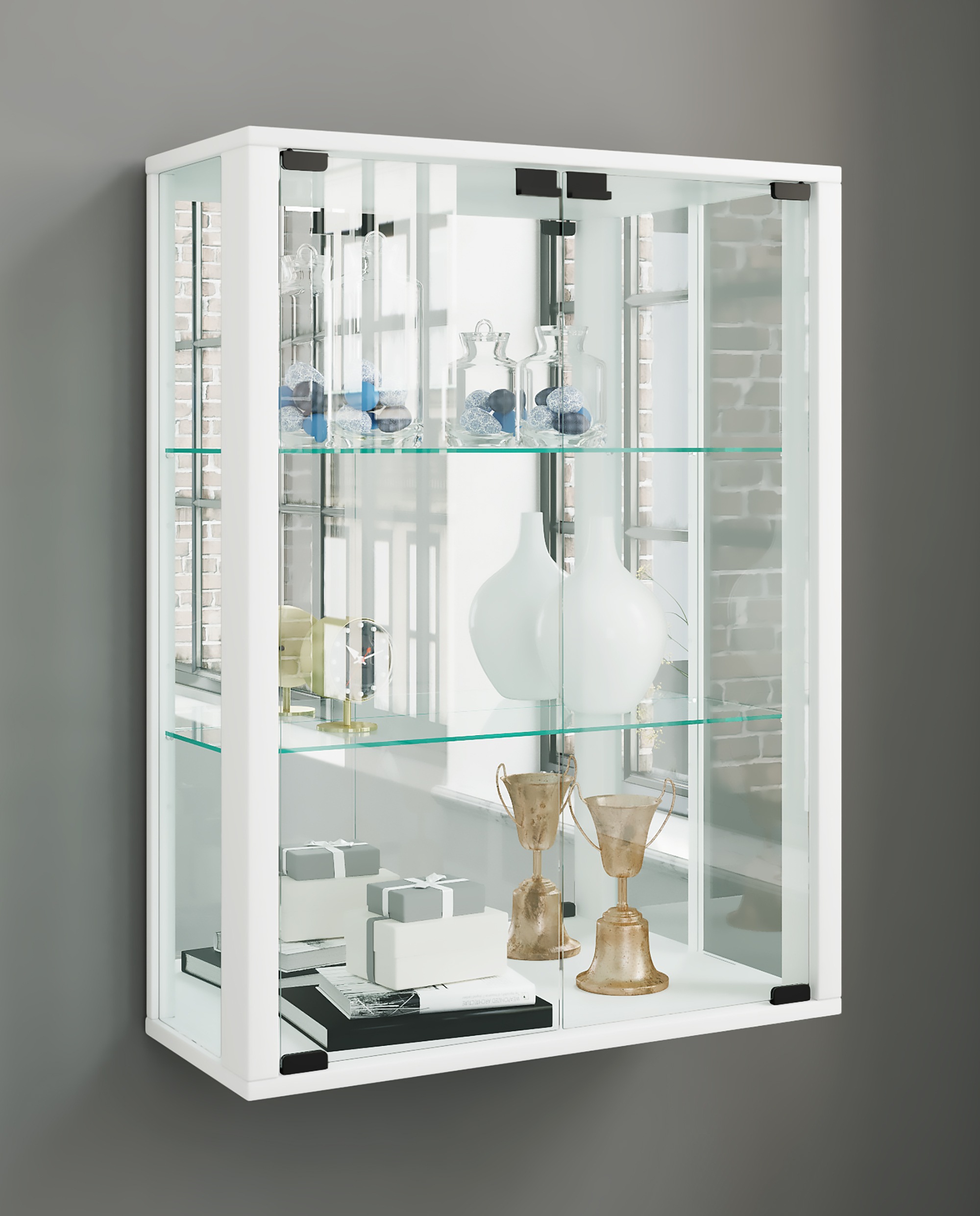 VCM Wandregal »VCM Glasvitrine hängend | Vitrine Glas mit ESG-Sicherheitsglas | Maße ca.  H. 80 x B. 60 x T. 25 cm | Hängevitrine Glas | Modern und platzsparend | Glas Vitrinenschrank -  Udina Spiegel«