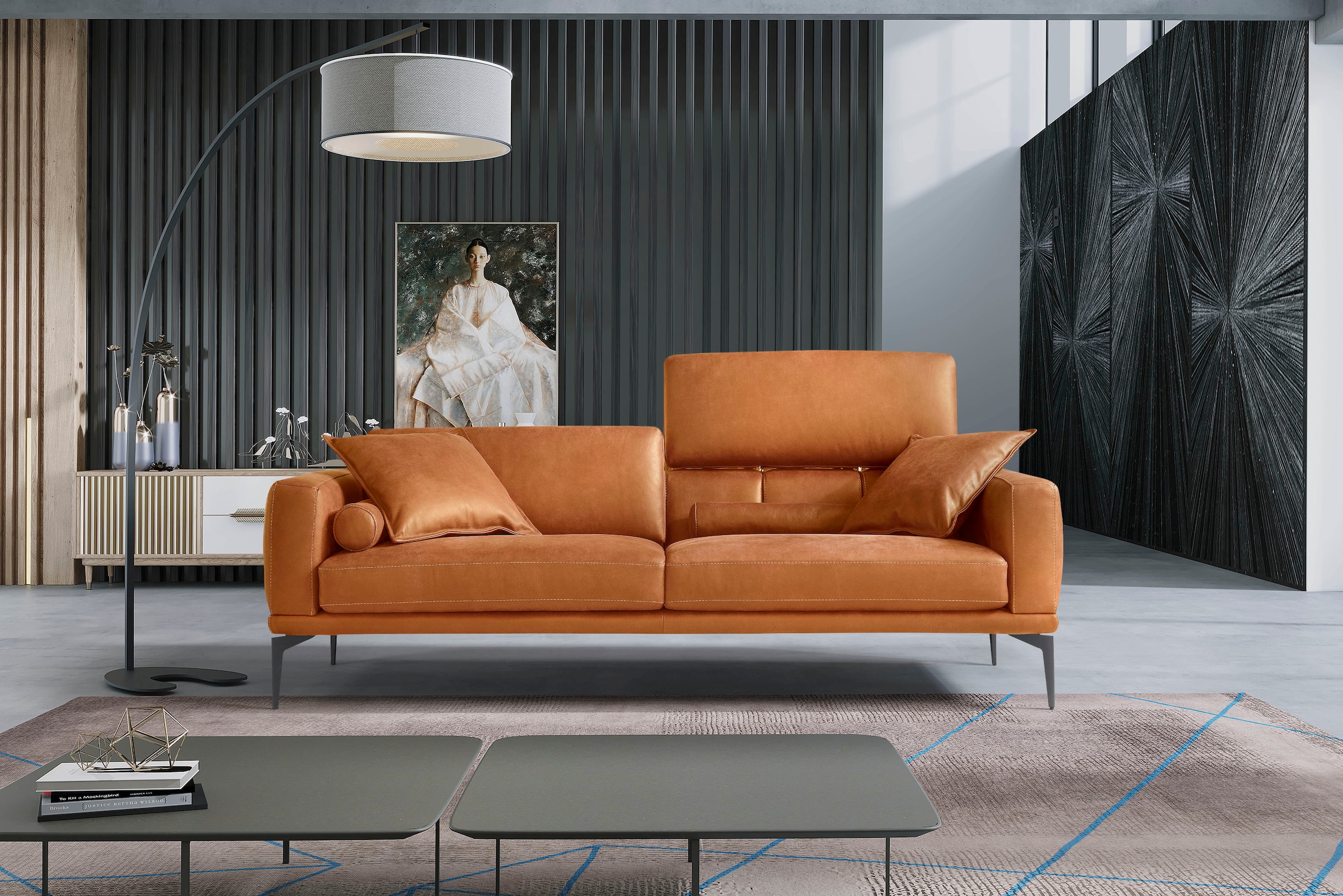 Egoitaliano 2,5-Sitzer »Masu, Designsofa mit erstklassigem Sitzkomfort, Breite 218cm« inkl. 2 Kissenrollen, Rückenelemente manuell verstellbar, Metallfüße