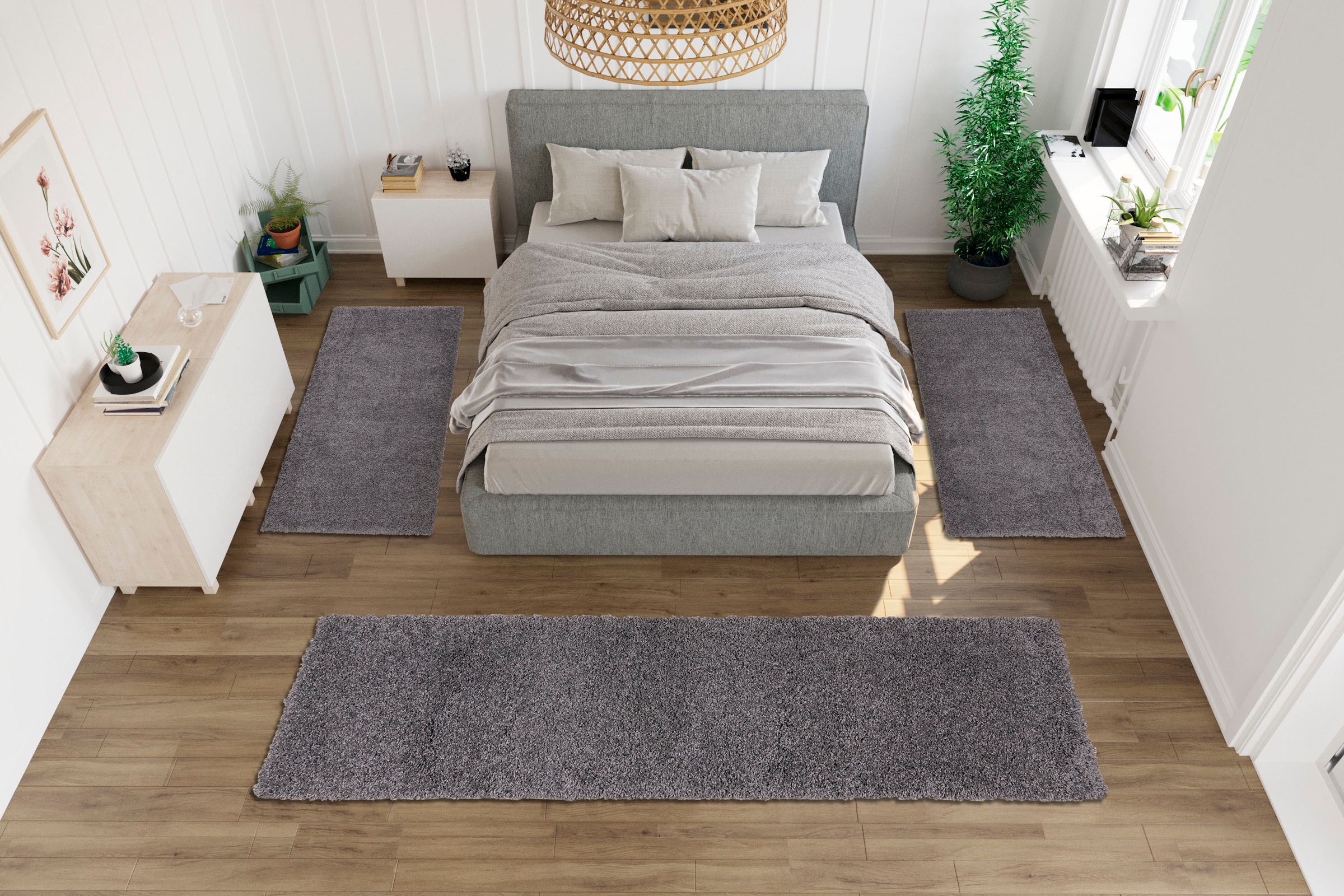Bruno Banani Bettumrandung »Shaggy Soft«, (3 tlg.), gewebt, Uni-Farben, besonders weich, Bettvorleger, Läufer-Set