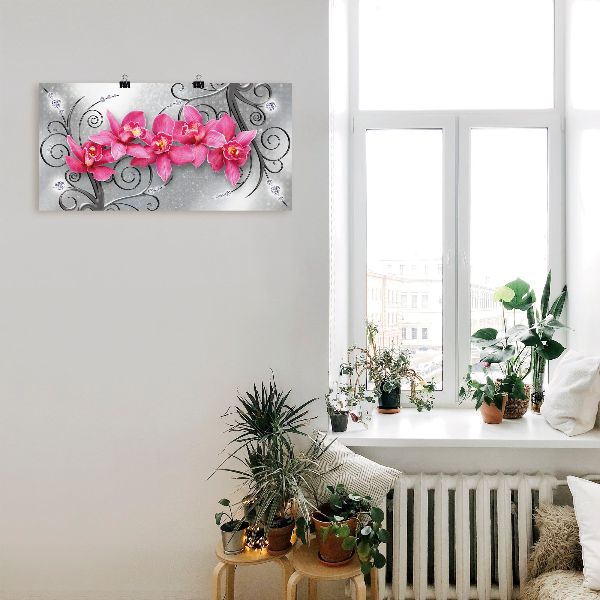 Artland Wandbild »rosa Orchideen auf Ornamenten«, Blumenbilder, (1 St.), als Alubild, Outdoorbild, Leinwandbild, Poster, Wandaufkleber