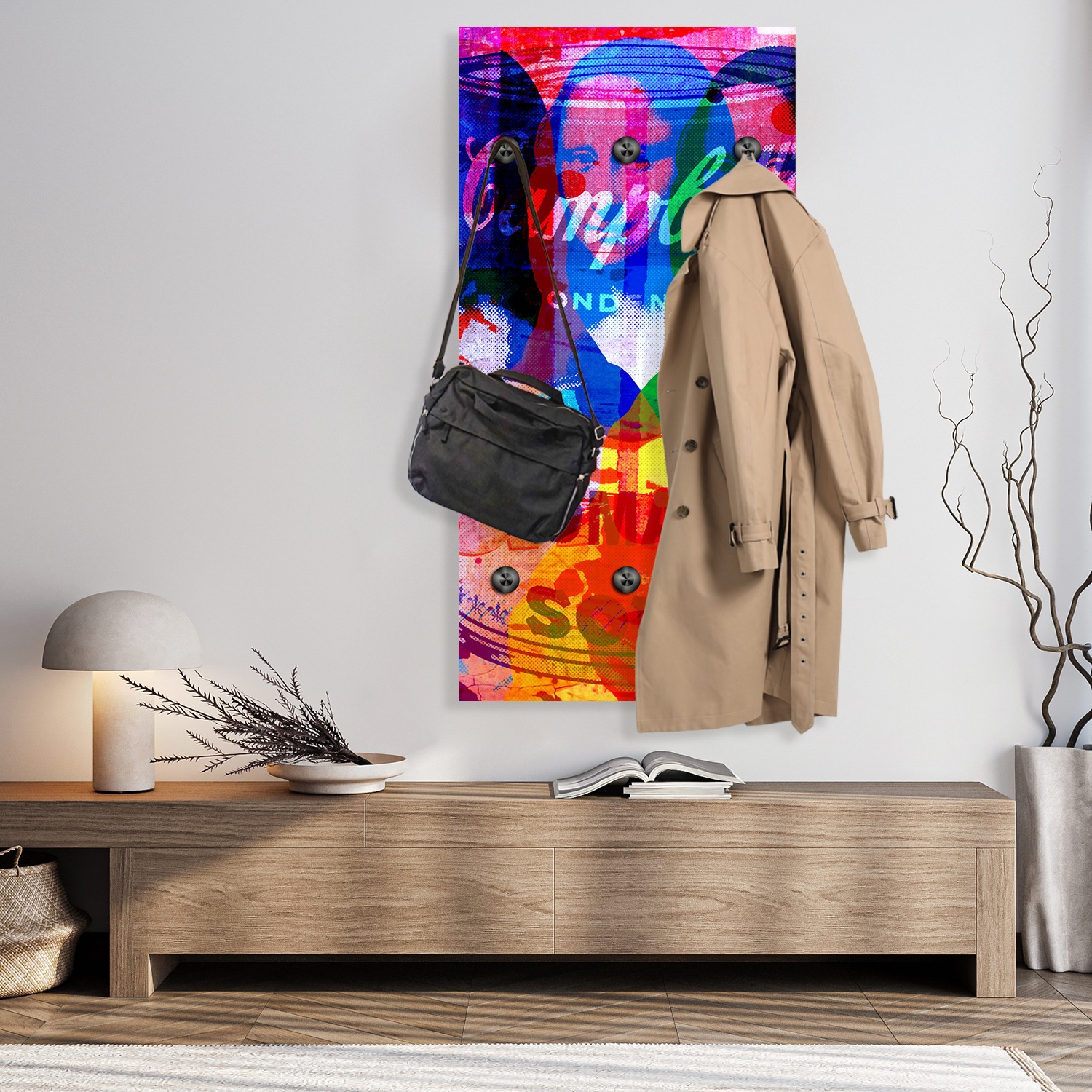 queence Wandgarderobe »Mona Lisa Abstrakt Collage« 1 Stk. tlg. Wandpaneel aus Acrylglas inkl. 6 Edelstahlhaken in schwarz matt