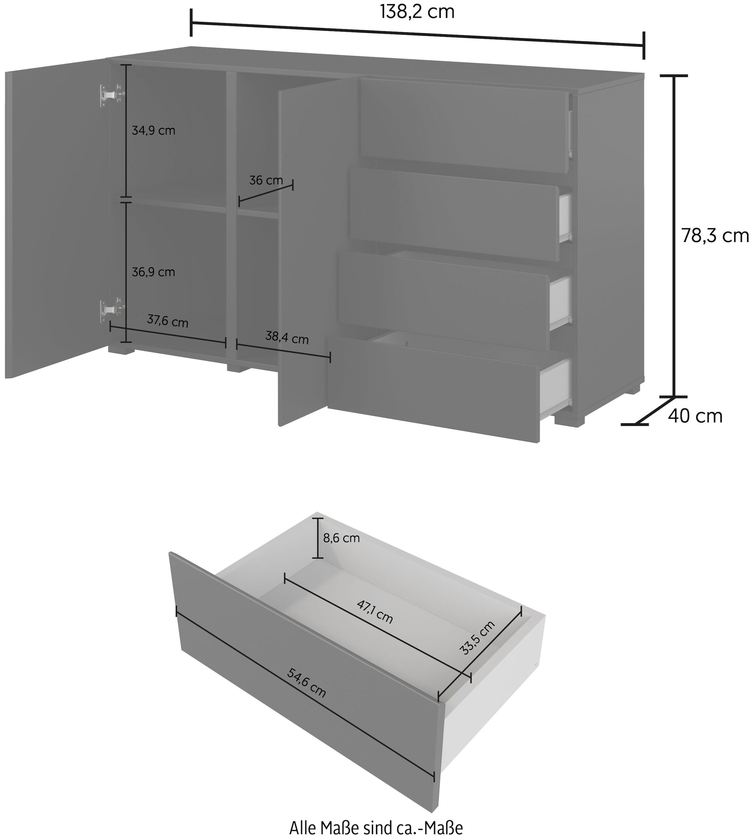 INOSIGN Sideboard »Metric,Breite 138 cm, grifflose Kommode 2 Türen/4 Schubkästen« Schubladenschrank mit viel Stauraum, Einlegeböden verstellbar