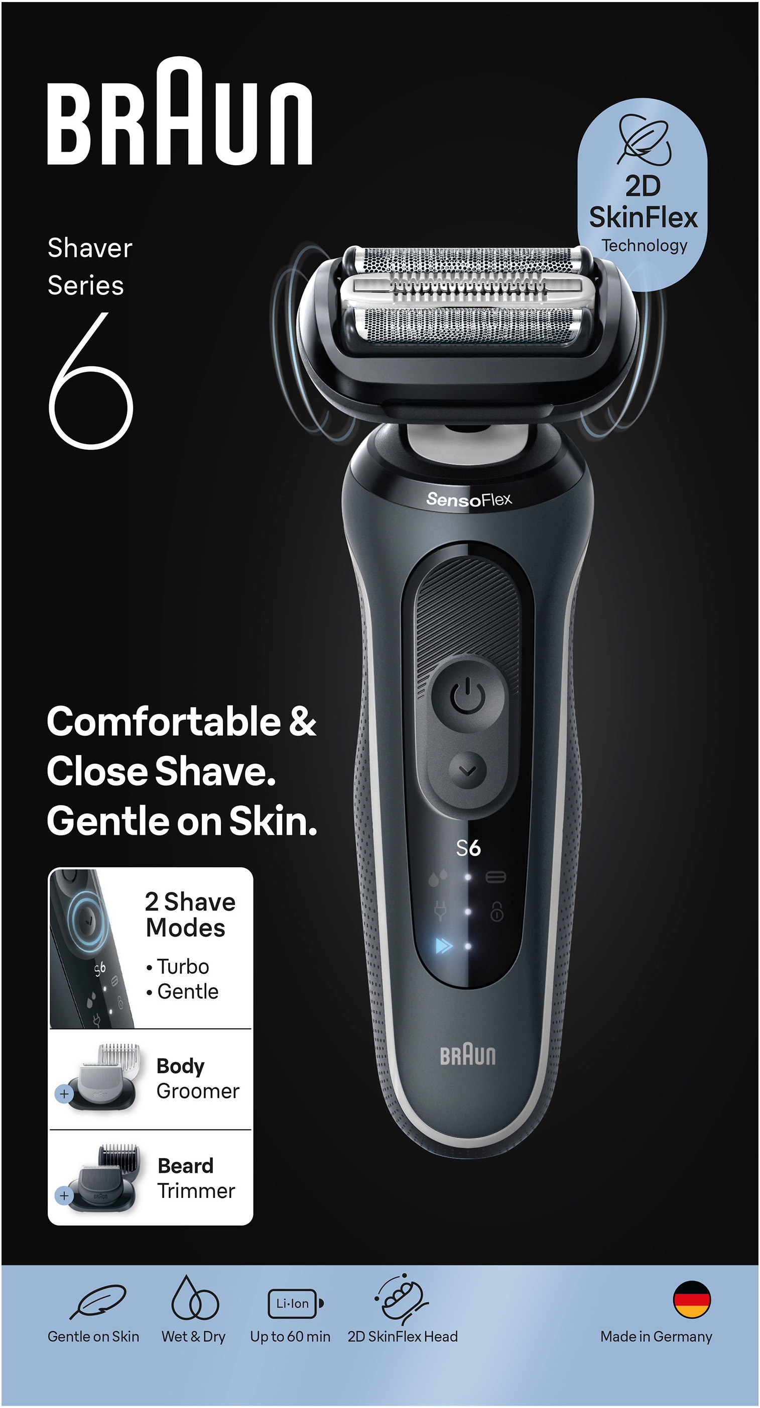 Braun Elektrorasierer »Series 6 62-G1650s« 2 Stk. Aufsätze 100% wasserdicht, +2 Aufsätze, bis zu 60 Min Akku, Made in Germany