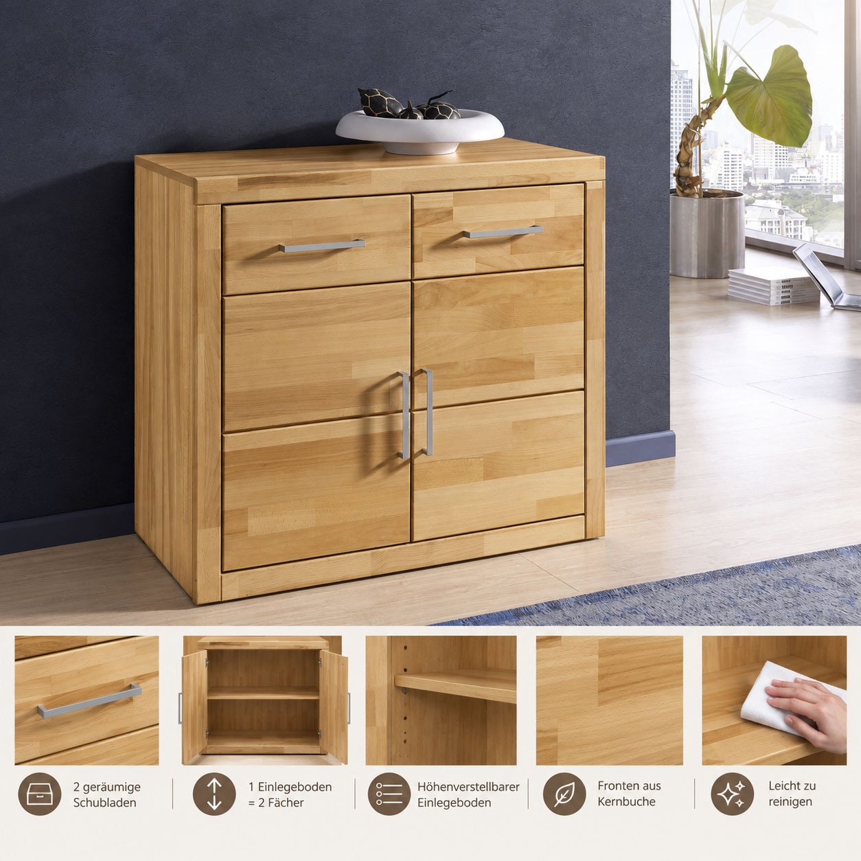 OTTO home Kommode »Logo,90cm breit,42 cm tief, Fronten Massivholz,2 Türen,2 Schubladen« Holz massiv, Holzwerkstoff,2 breite Fächer,Boden versetzbar