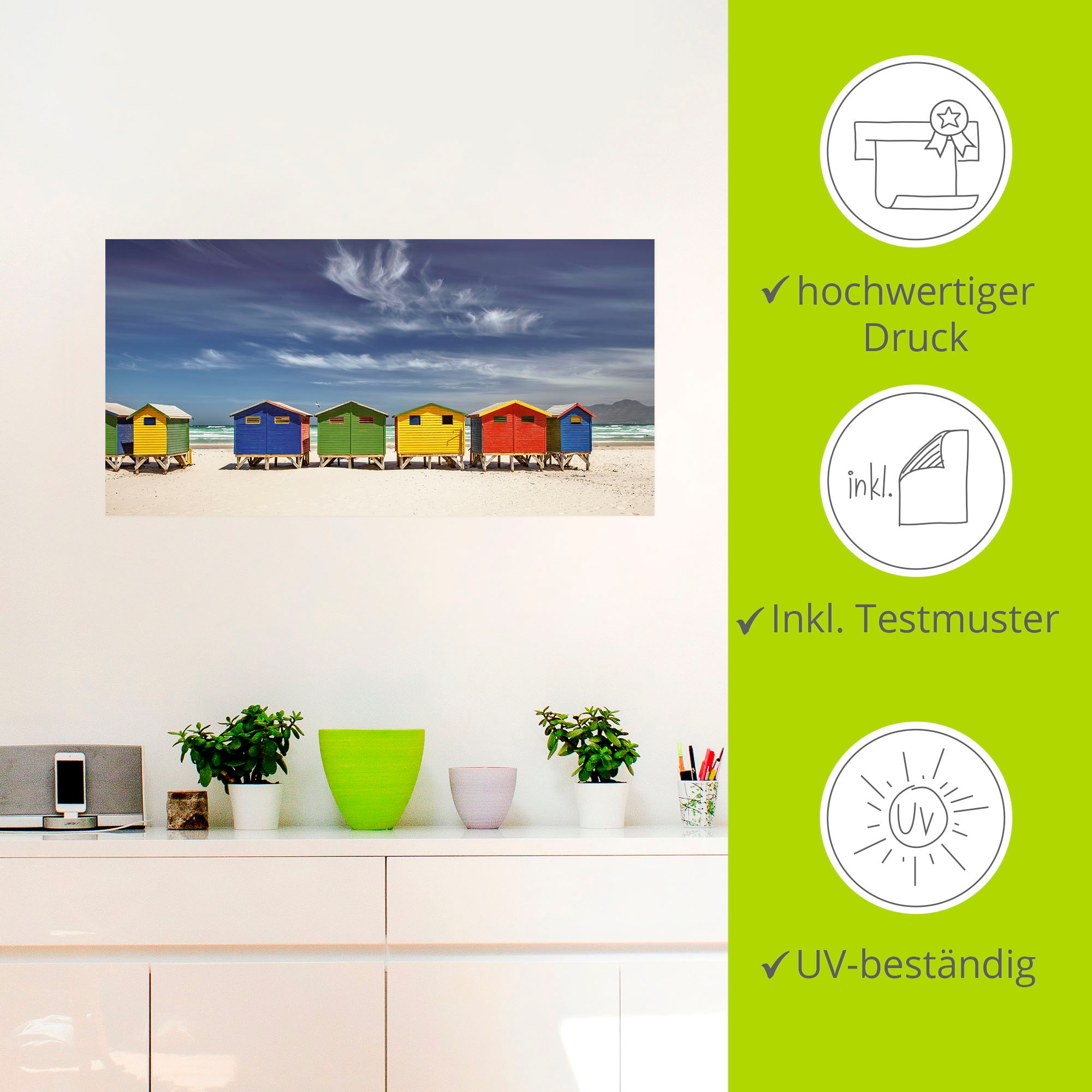 Artland Wandbild »Bunte Strandhäuser bei Kapstadt«, Strandbilder, (1 St.), als Alubild, Outdoorbild, Leinwandbild, Poster, Wandaufkleber