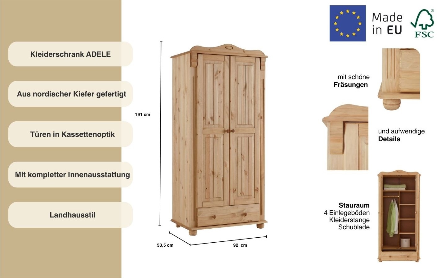 Home affaire Kleiderschrank »Adele«, (4 Breiten: 92/130/169/207 H/T ca. 191/54 cm), aus massiver Kiefer,Spiegel beim 4-und 5-trg.Schrank, Innenausstattung
