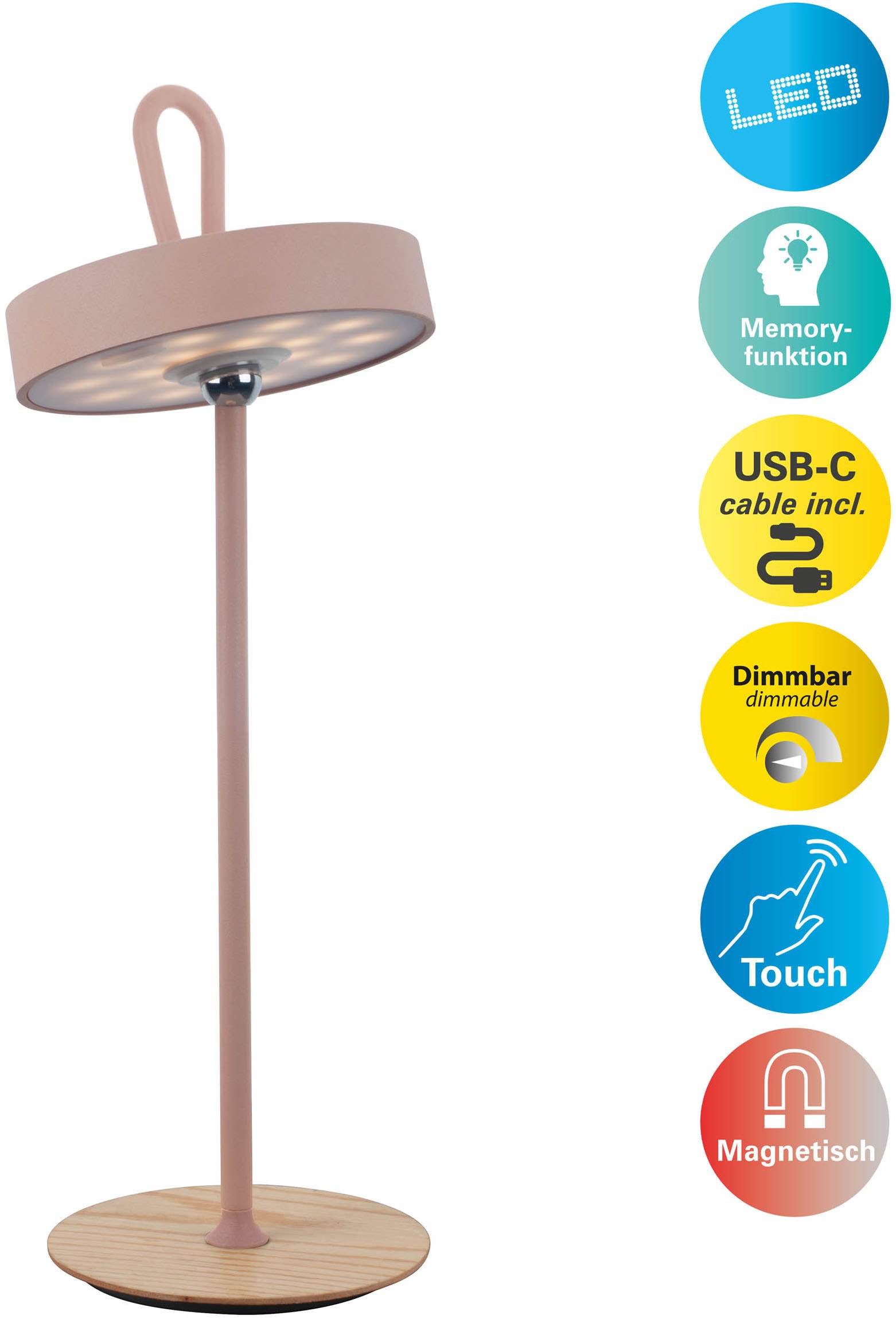 my home LED Tischleuchte »Charmont mit Holzfuß, abnehmbares Kopfteil als Hängeleuchte verwendbar« LED-Modul 1 Stk. Warmweiß aufladbar, inkl Akku + USB Kabel, Kopfteil magnetisch, abnehmbar, Holz