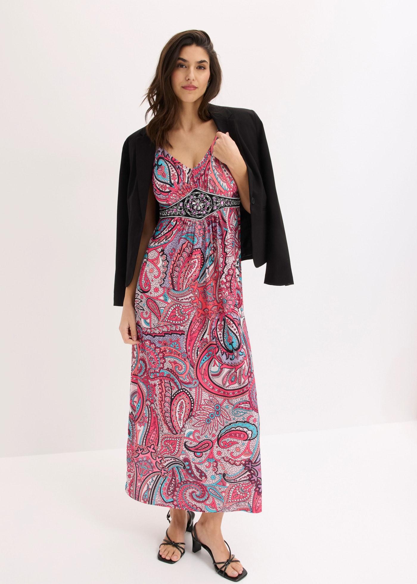 bonprix Maxikleid »Maxikleid mit Applikationen« ohne Ärmel, elastisches Material, schmale Passform