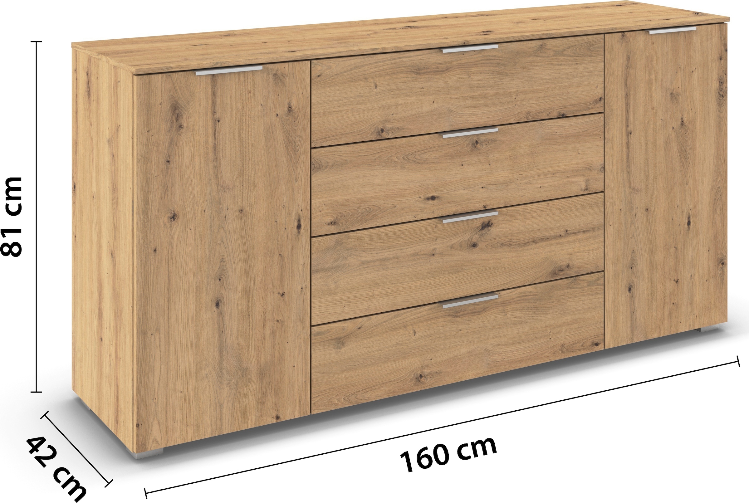 OTTO home Kombikommode »Kommode Sideboard Schubladenkommode Schlafzimmerkommode ASTANA« Breite 160 cm / Höhe 81 cm, mit 4 Einlegeböden,  2-türig, 4 geräumige Schubladen, Kantengriff Alufarben MADE IN GERMANY