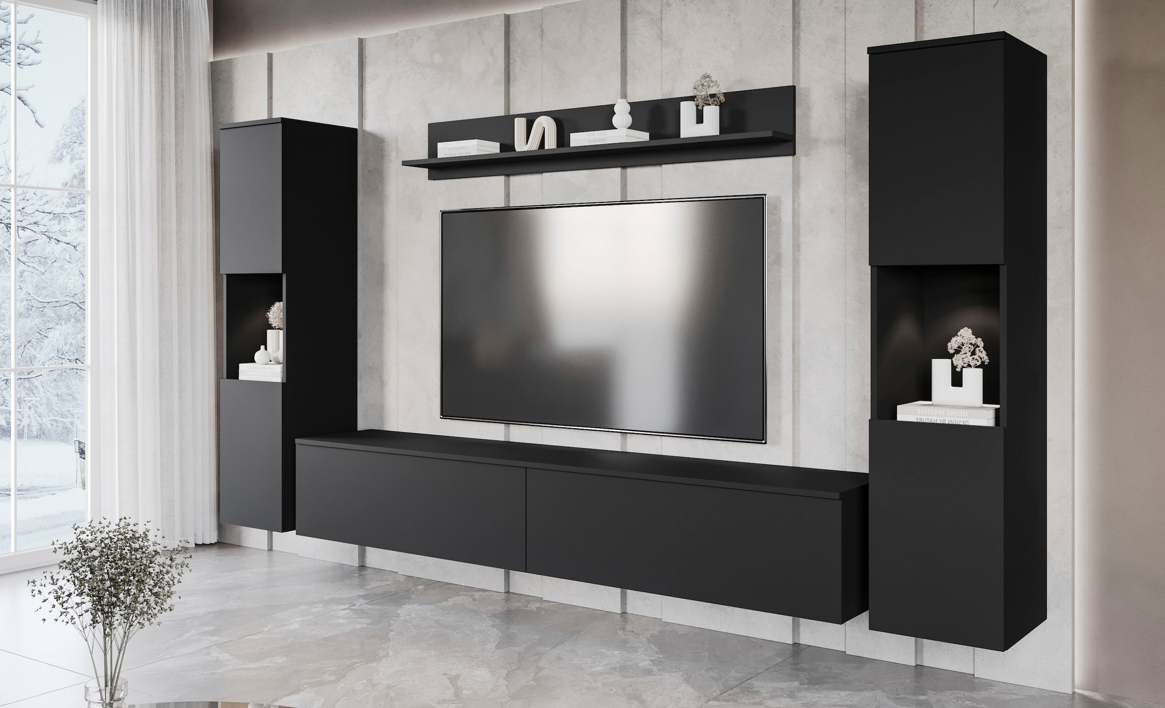 INOSIGN Wohnwand »PARIS, Vitrine Türanschlag links/rechts wechselbar«, (Komplett-Set, 4 St.), grifflose Design, stehend und hängend montierbar