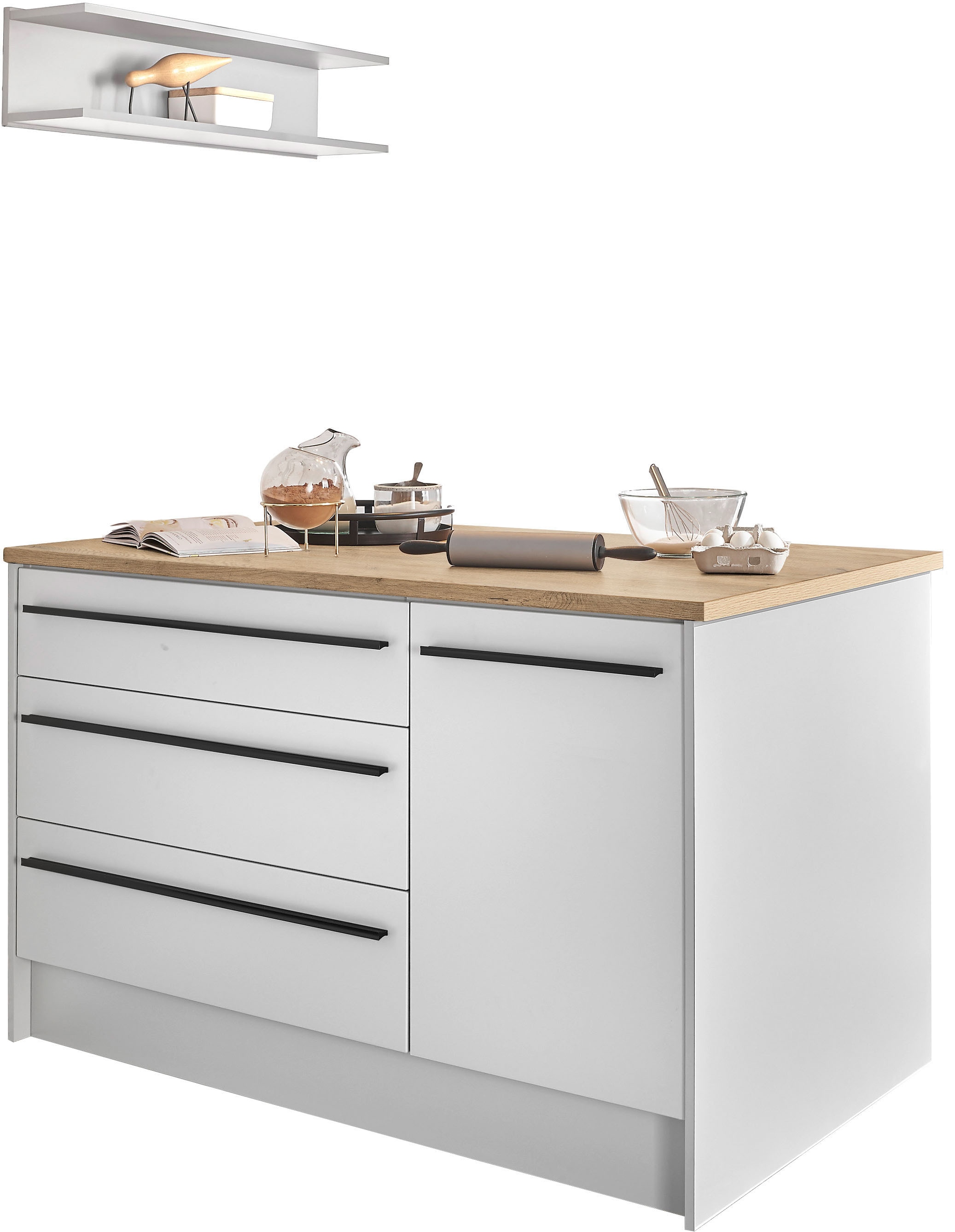 BASIC by Balculina Kücheninsel »Denver, Kochinsel + Küchenregal BxHxT 145 x 90 x 90/BxHxT 90x22x21« Breite 145 cm, mit Tür, Schubkasten, Klappe und offenem Fach