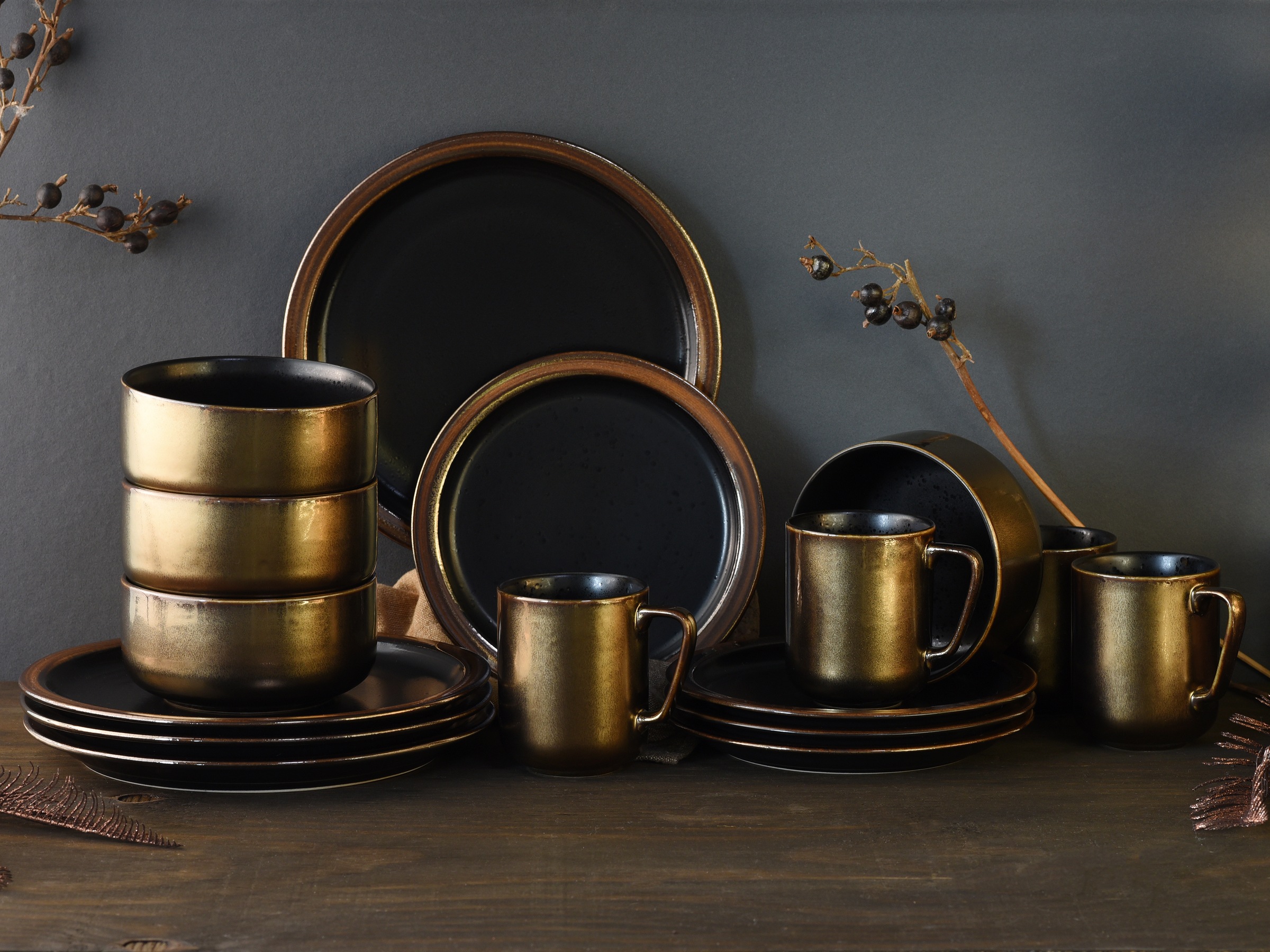 CreaTable Kombiservice »Modern Industrial«, (Set, 16 tlg., Kaffeeservice und Tafelservice im Set, für 4 Personen), Service, Spezialglasur, glänzende Sprenkel, 16 Teile, für 4 Personen