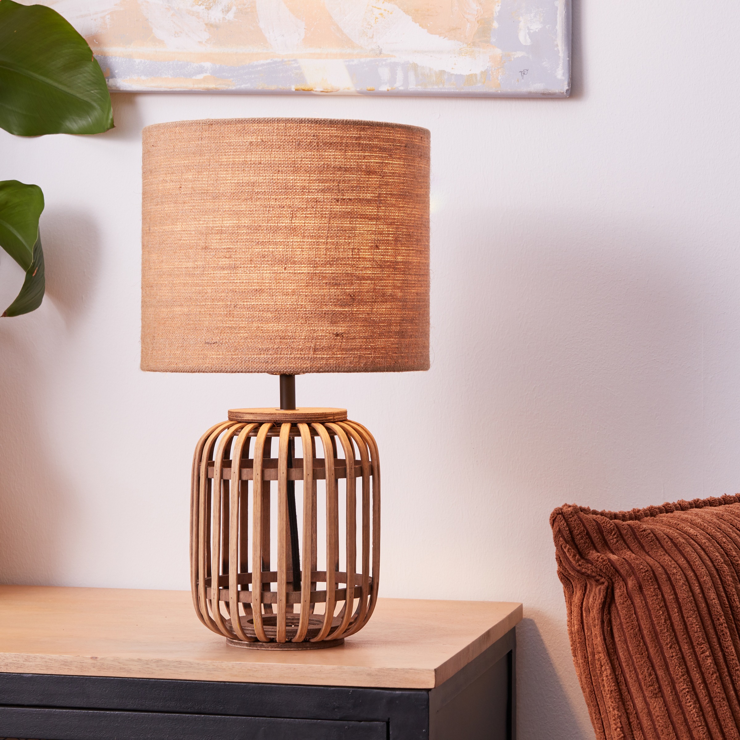 Brilliant Tischleuchte »Woodrow«, 1 flammig, Leuchtmittel E27 | ohne Leuchtmittel, Nature Stil, 42,5 cm Höhe, Ø 24 cm, E27, Bambus/Textil/Metall, braun