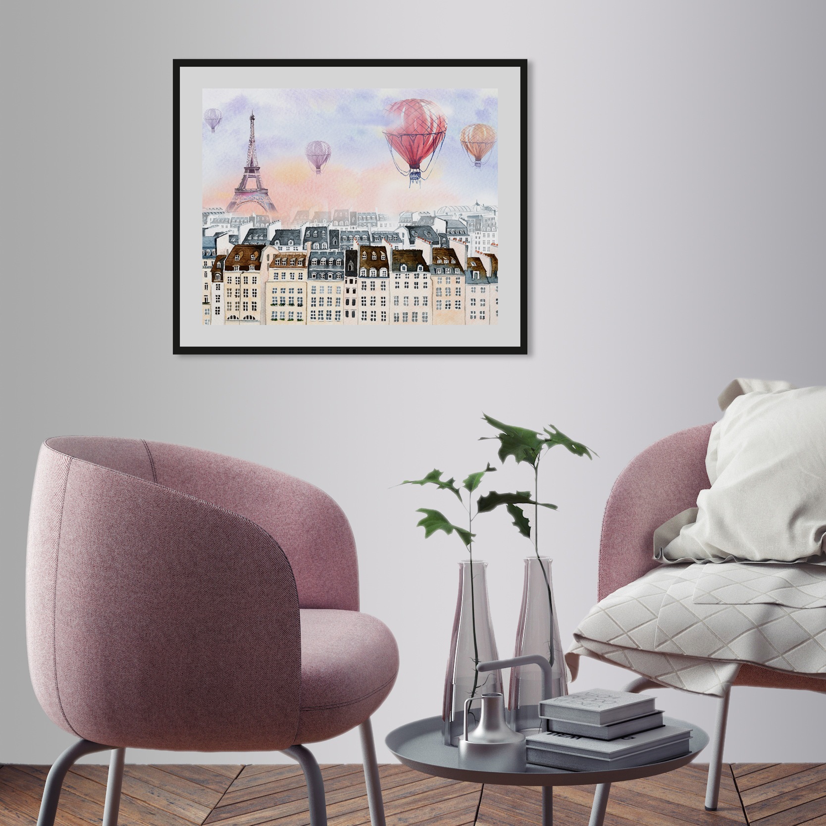 queence Bild »Heißluftballon in Frankreich«, Stadt-Paris-Gebäude-Ballonfahren-Architektonische Elemente-Heißluftballon, HD Premium Poster-Druck inkl. Holzrahmen