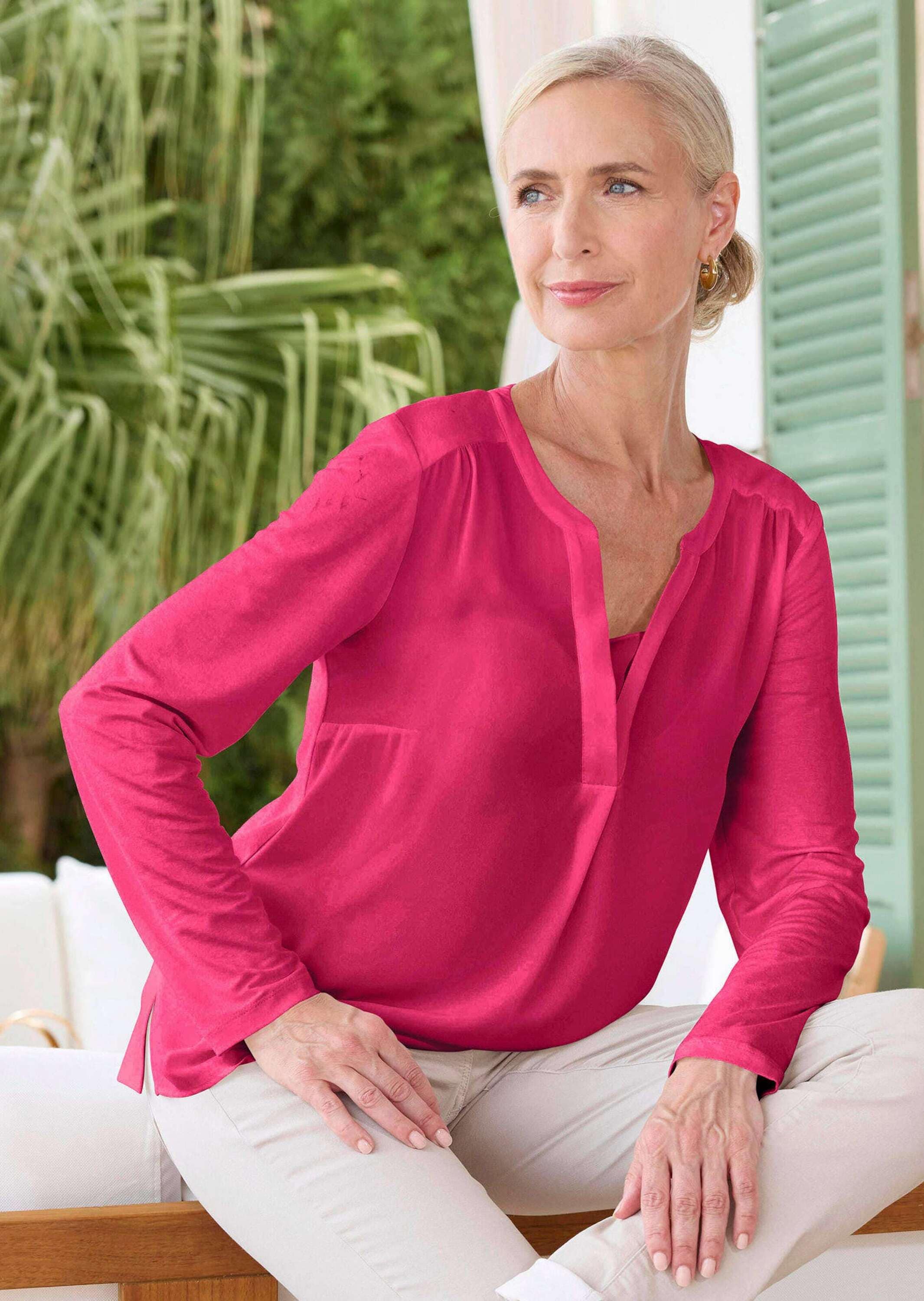 GOLDNER Kurzarmbluse »Kurzgröße Langarm Damen Unibluse mit Chiffoneinsatz und Rundhalsaussschnitt«