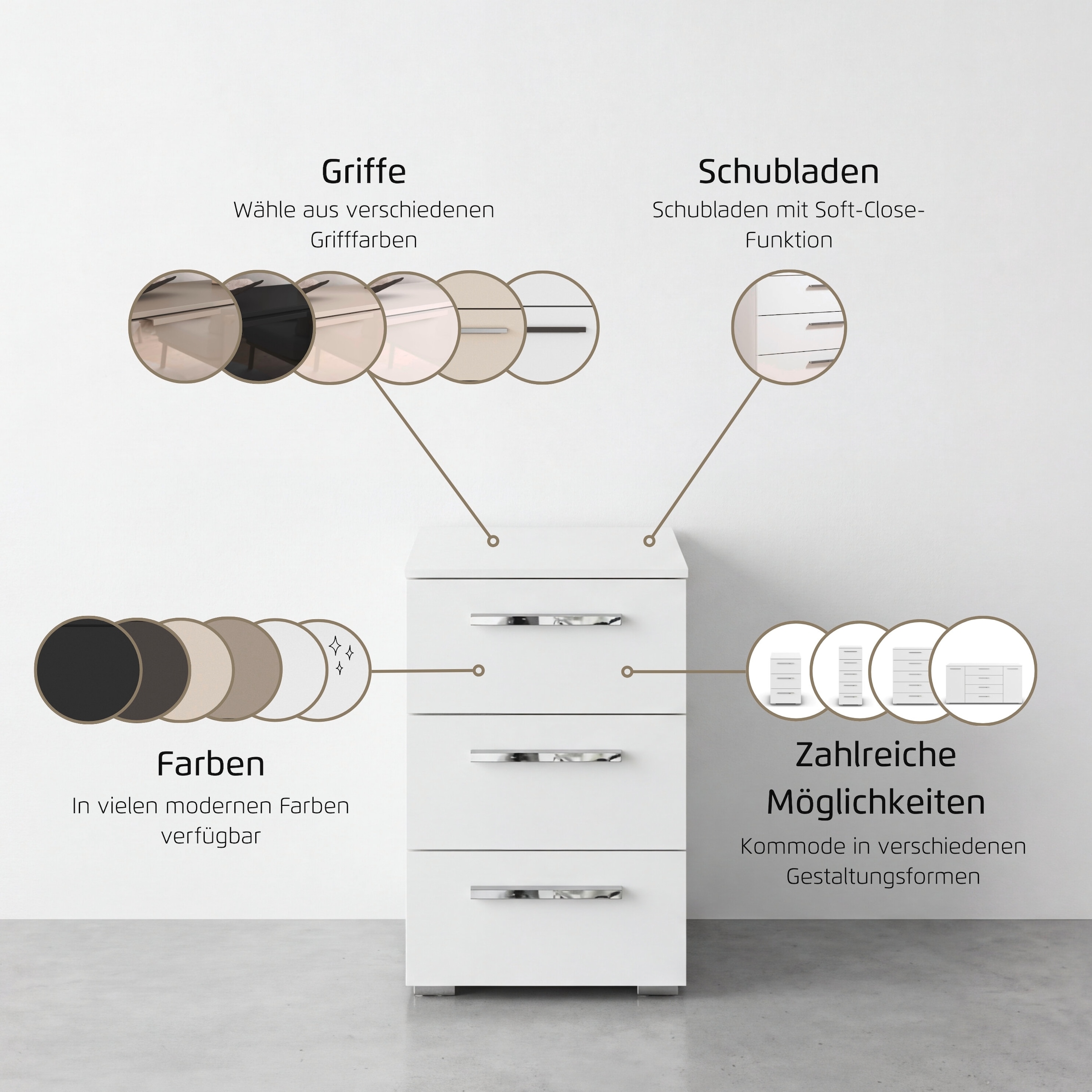 rauch Nachtkommode »Nachttisch Nachtkonsole MONTCLAR Frontauswahl Dekor/Hochglanz/Glas« Breite 40 cm / Höhe 61 cm, inkl. Soft-Close-Funktion,  mit 3 geräumigen Schubladen, viele Griffvarianten MADE IN GERMANY
