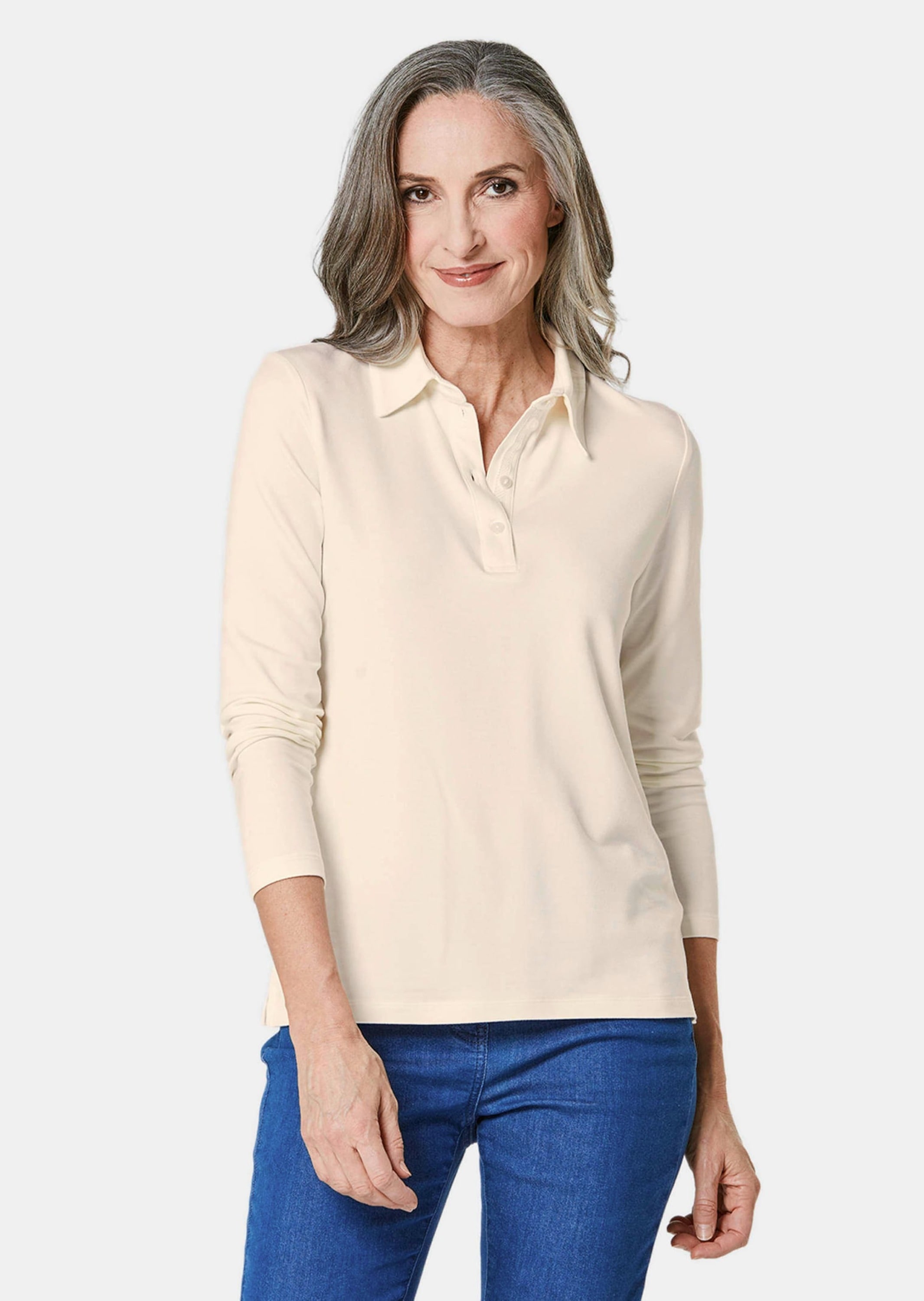 GOLDNER Poloshirt »Poloshirt Langarm Poloshirt mit Schmuckband an Knopfleiste«