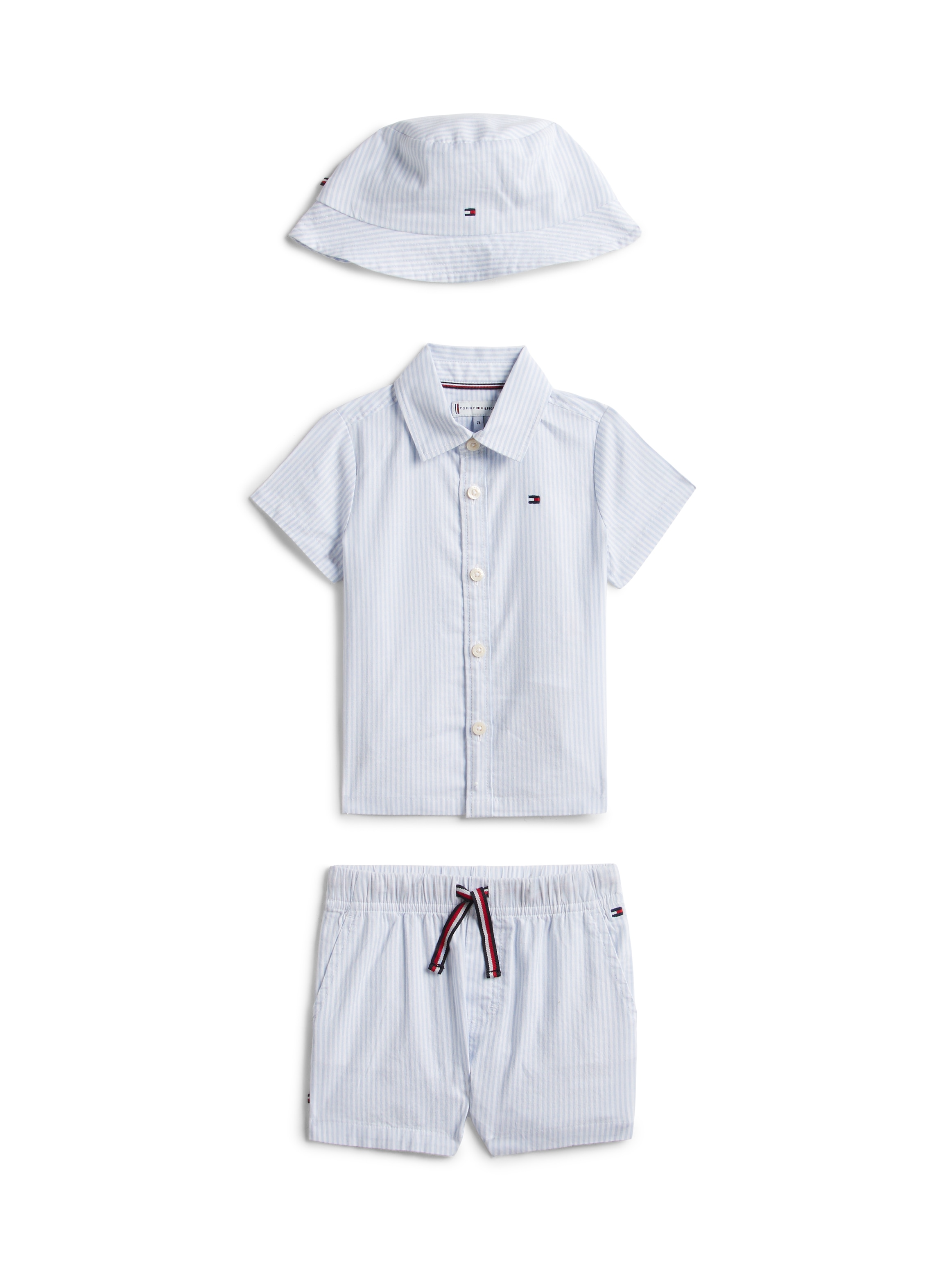 Tommy Hilfiger Neugeborenen-Geschenkset Set, 3, 3 zauberhaftes Set mit Hut, Hemd und Shorts, aus Baumwollmischung