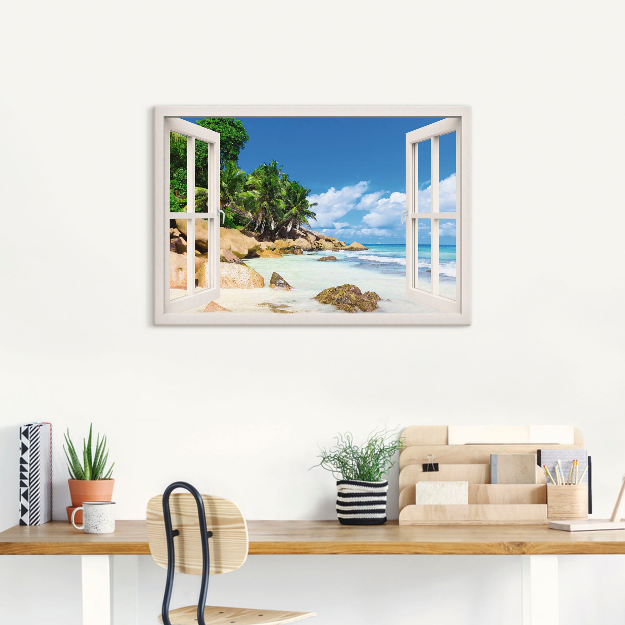 Artland Wandbild »Küste mit Palmen durchs Fenster«, Karibikbilder, (1 St.), als Alubild, Outdoorbild, Leinwandbild, Poster, Wandaufkleber