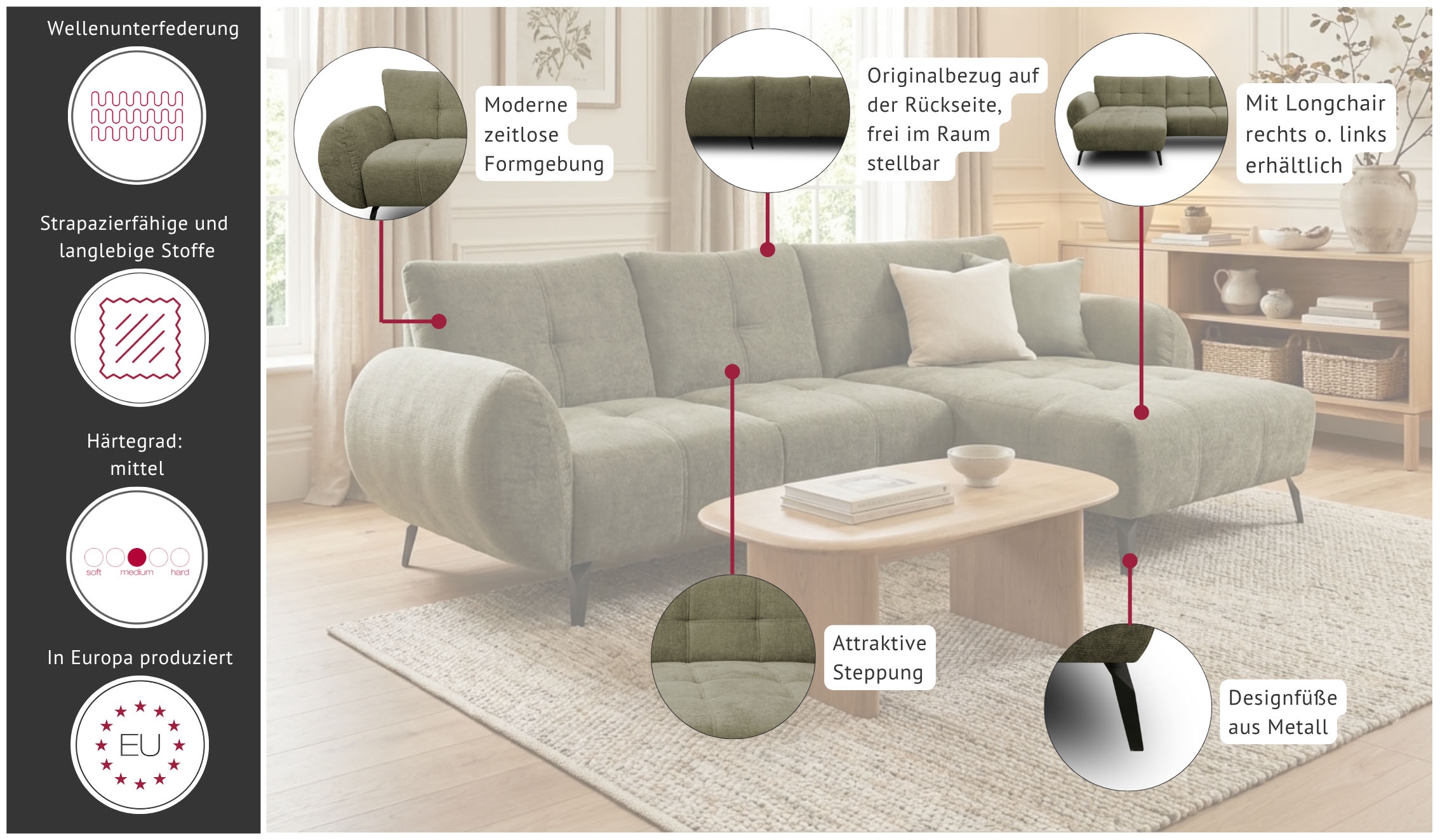 OTTO home Ecksofa »Viborg 261 x 140 cm, mit Steppungen, elegant, modern« L-Form, pflegeleichter Bezug, hohe Füße - passend für Saugroboter!