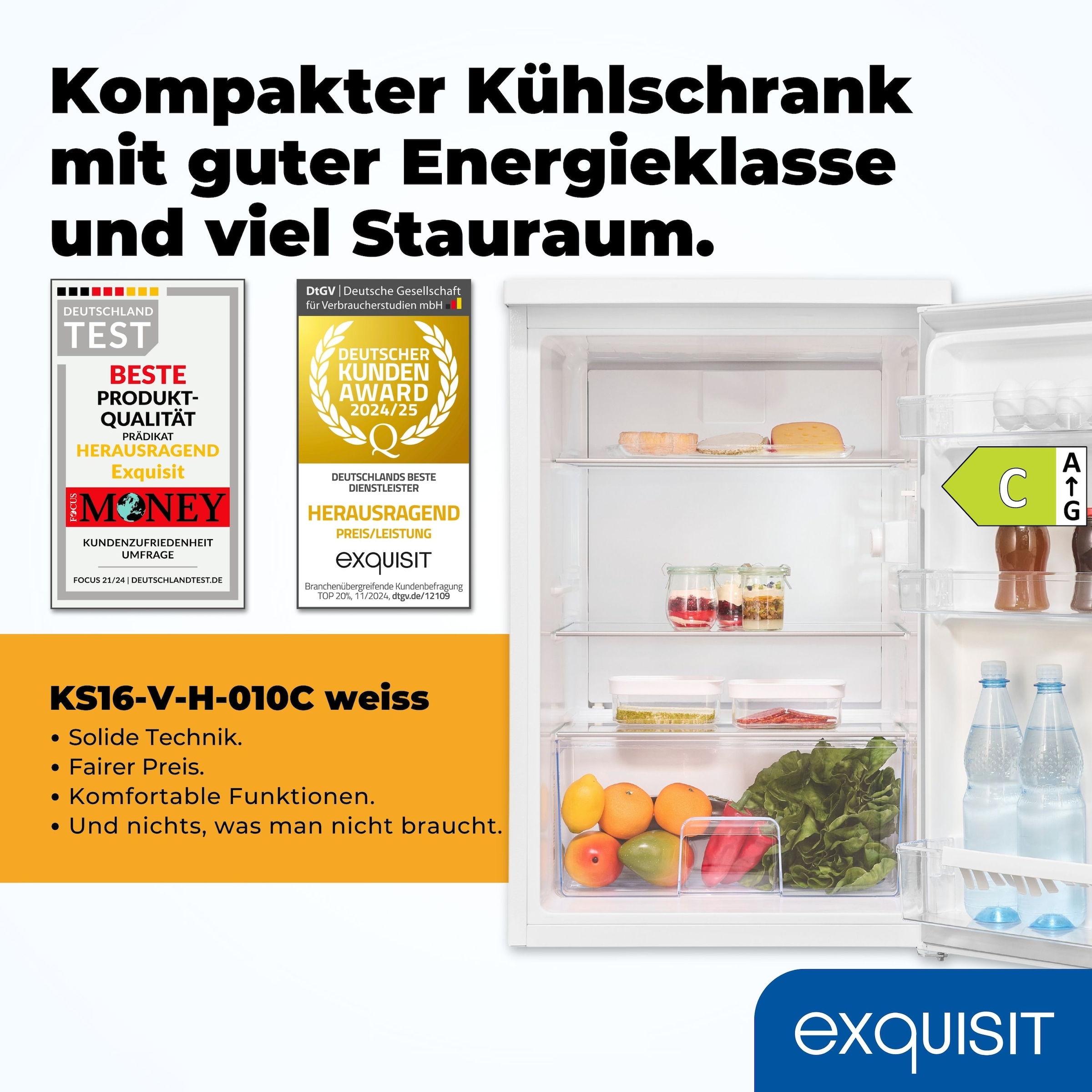exquisit Kühlschrank »KS16-V-H-010C weiss« 84,5 cm hoch 56 cm breit Sparsam, leise & praktisch: 133 L Mini-Kühlschrank für 1–2 Personen