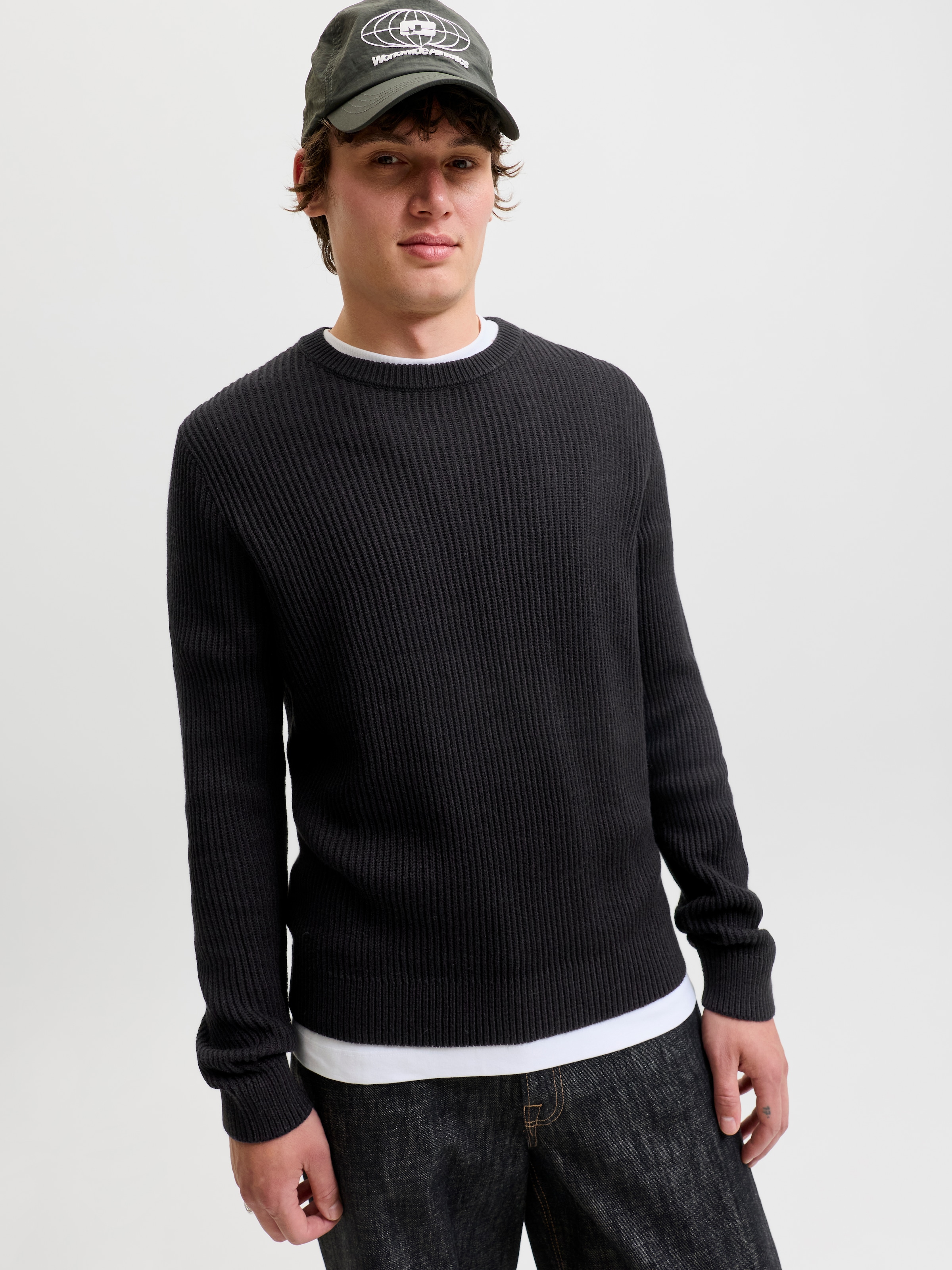 Jack & Jones Rundhalspullover »JJPANNEL KNIT CREW NECK AW26« Materialmix, regular fit