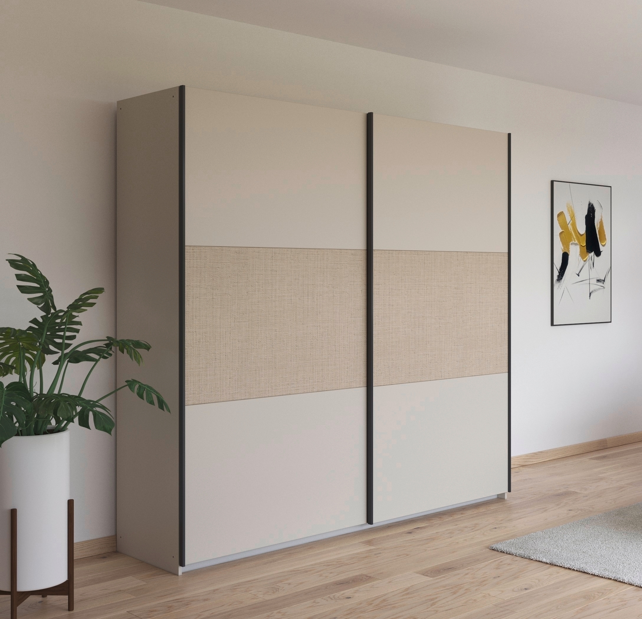 rauch Schwebetürenschrank »Senja«, mit Bauchbinde in angesagter Rattan-Optik