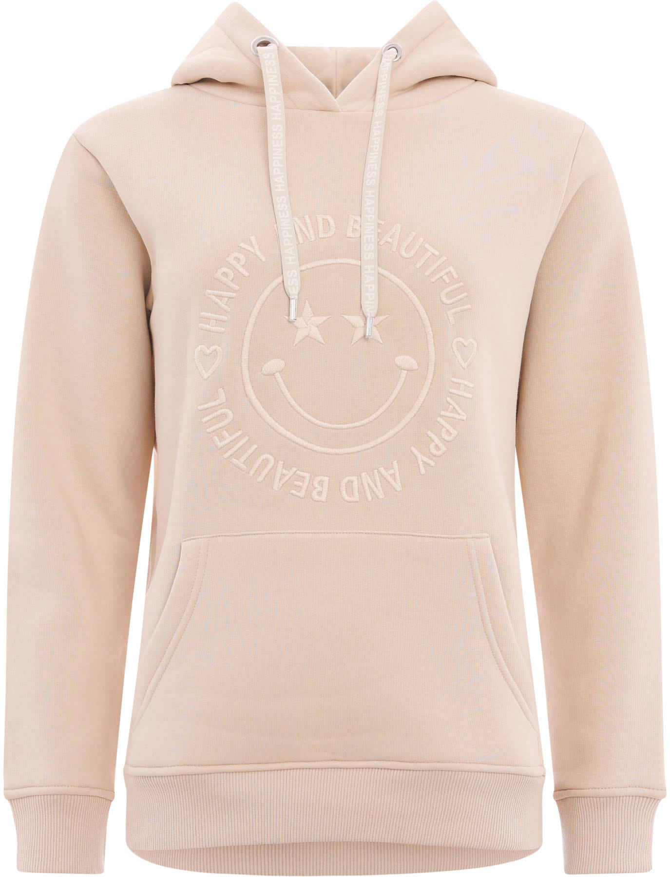 Zwillingsherz Hoodie »Happy and Beautiful«, mit gleichfarbiger Smiley-Stickerei und Bindebänder mit Schriftzug