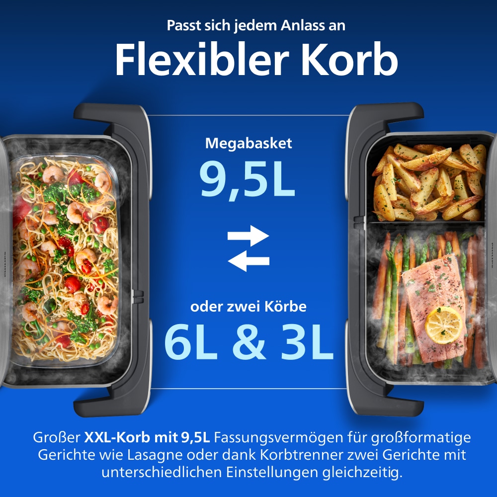 Philips Heißluftfritteuse »NA565/02 Steam Airfryer 5000 Series Megabasket, 9,5L Kapazität« 2750 W mit Dampfgarfunktion u. RapidAir Plus Technologie; inkl. Servierzange
