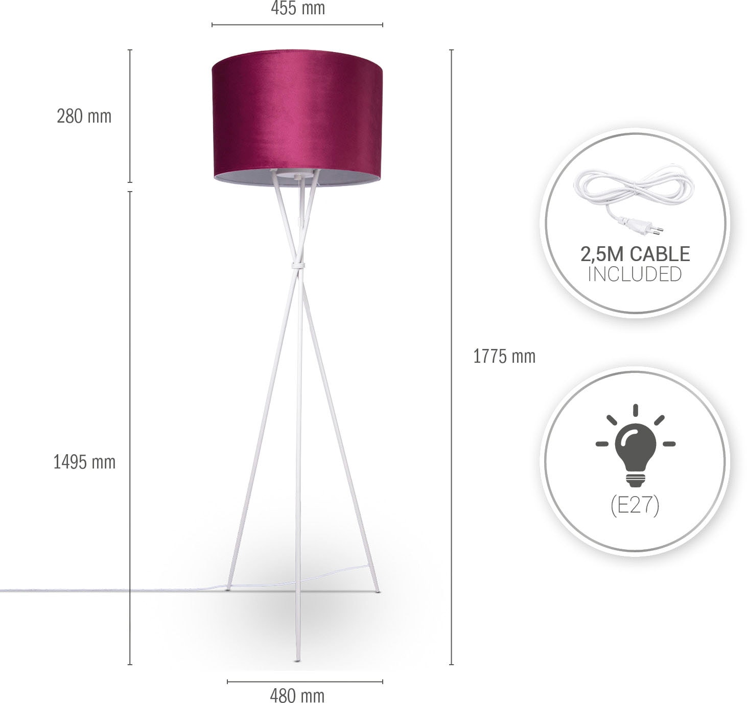 Paco Home Stehlampe »Kate uni Color«, Leuchtmittel E27 | ohne Leuchtmittel, Wohnzimmer Dreibein Standleuchte Velour Höhe 177,5cm Filigran E27
