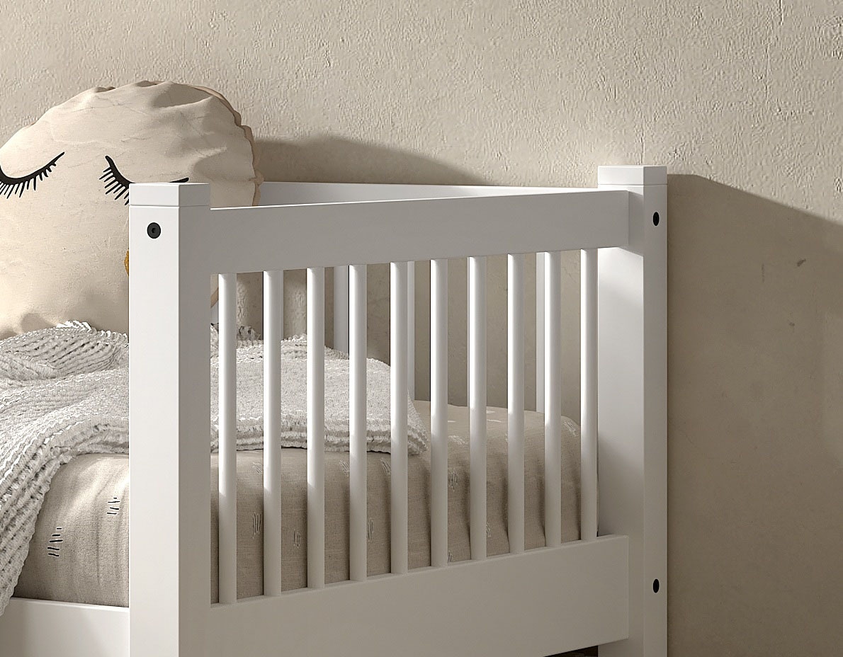 Home affaire Daybett »Forrest 90/200 aus massiver Buche stabil gebaut, weiß lackiert«, mit Sprossenumrandung, Rausfallschutz vorne, ohne o. mit Bettschublade