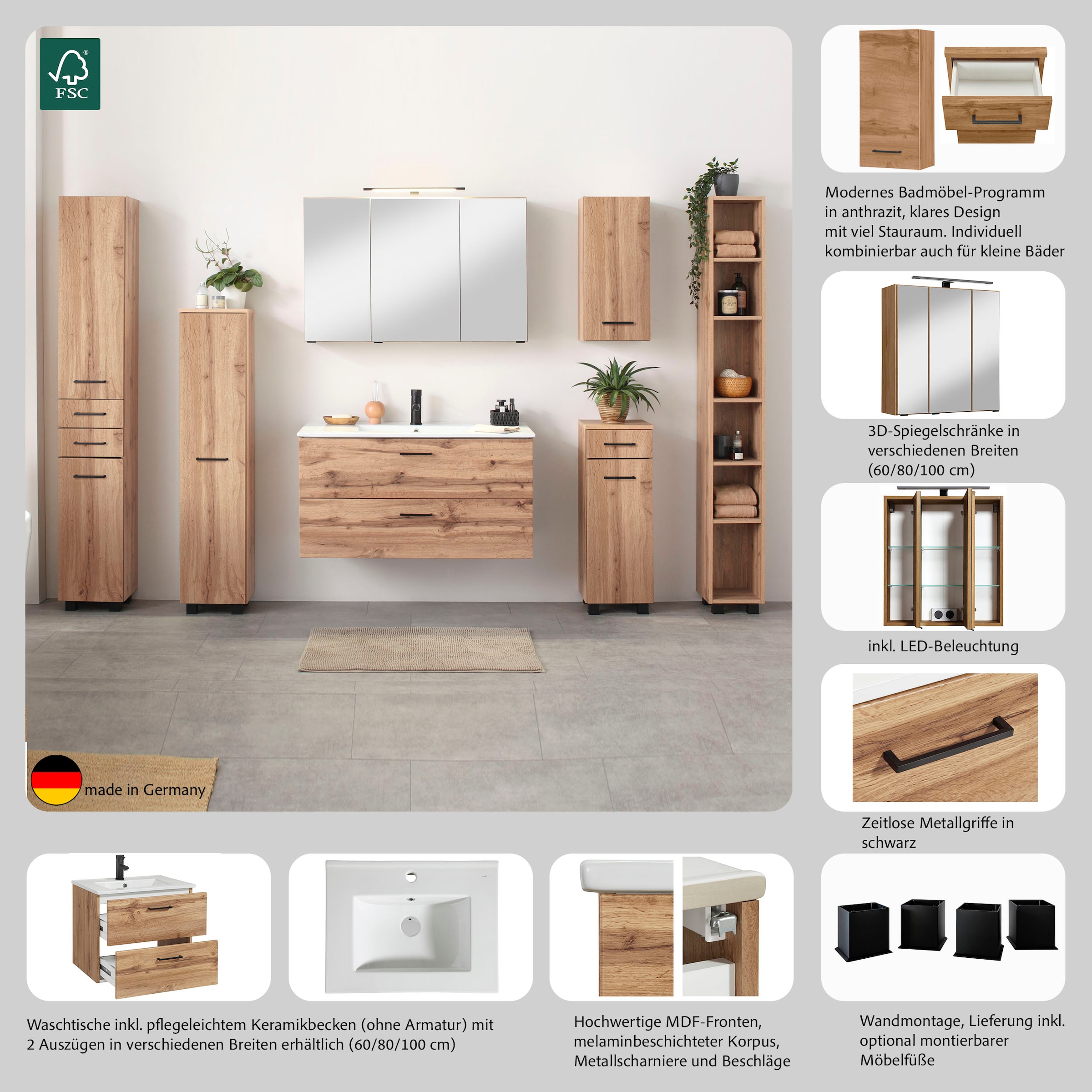 welltime Waschtisch »Trento in verschiedenen Ausführungen Unterschrank inkl. Waschbecken« Badmöbel in Breite 100 cm, Waschplatz mit 2 Schubladen , Badschrank
