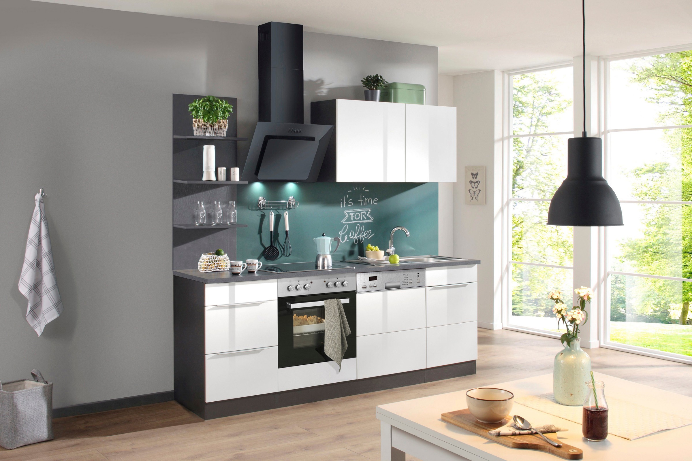 KOCHSTATION Küchenzeile »KS-Brindisi«, Breite 220 cm, wahlweise mit E-Geräten, mit MDF-Fronten und Regal