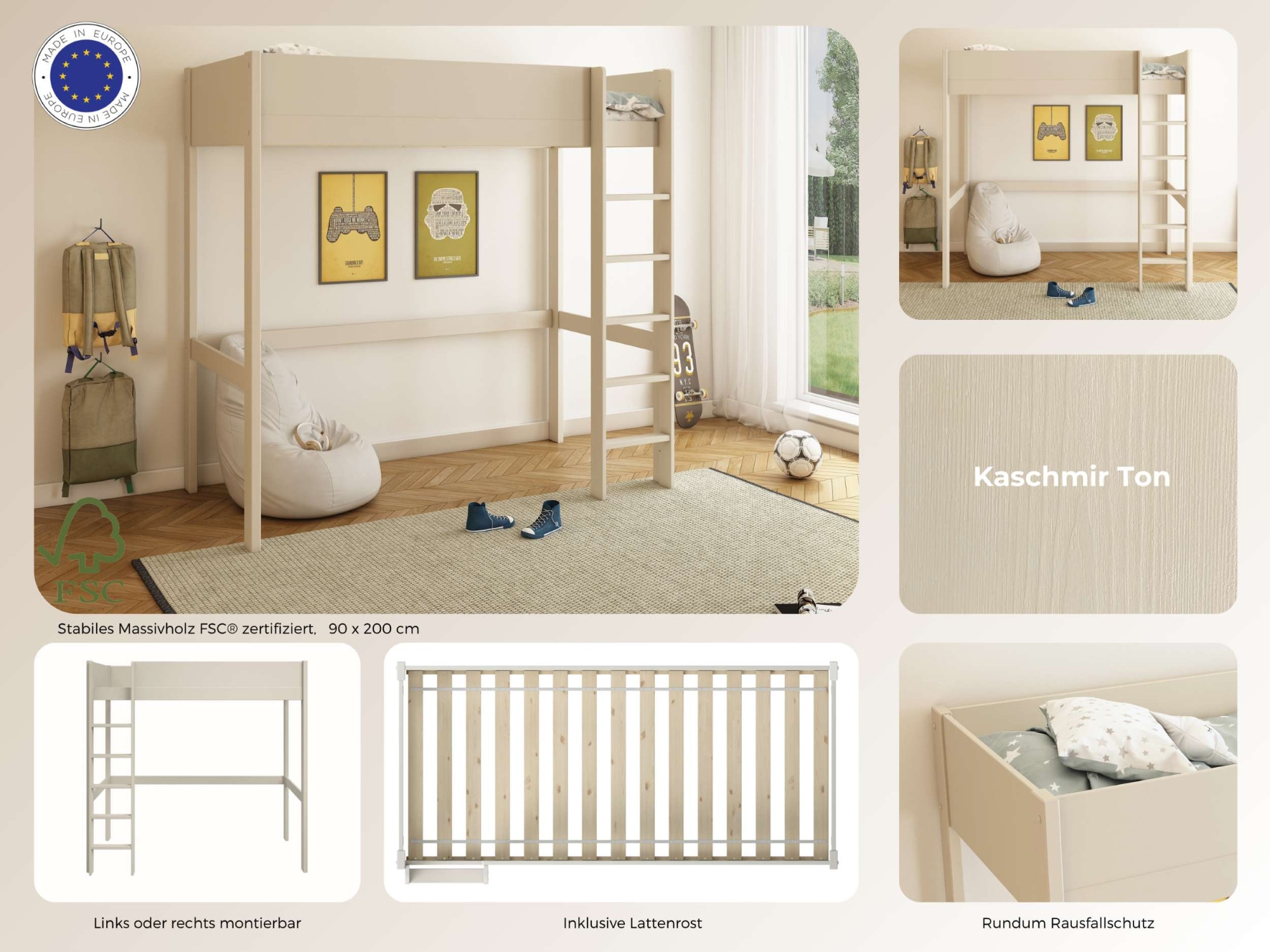OTTO home Hochbett »Tipo – FSC®-zertifiziertes Massivholz mit viel Freiraum darunter« B/H/T 207,7x190x105cm,  Flexible Leiter-Montage, Rundum-Schutz und optimale Raumnutzung