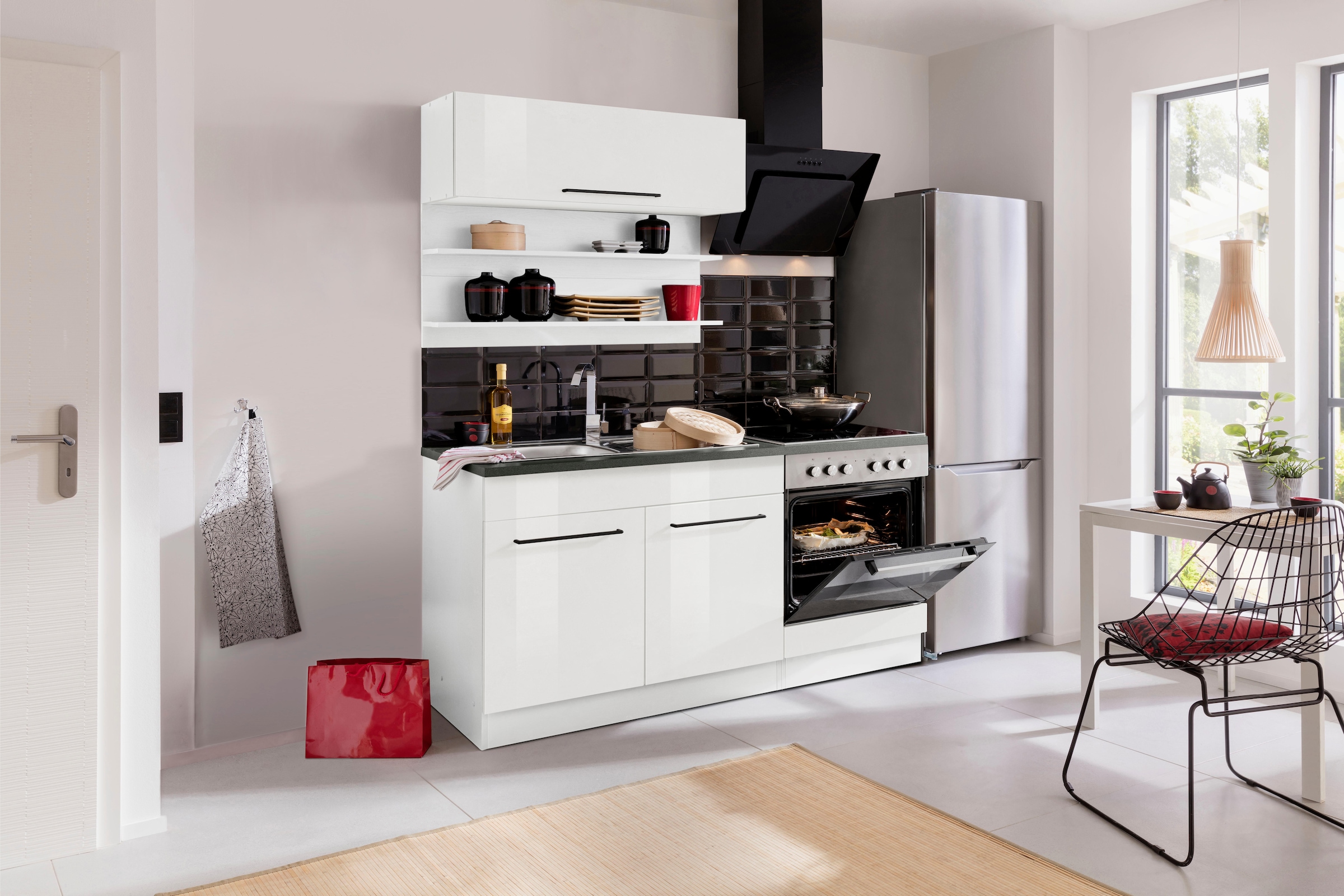 KOCHSTATION Küchenzeile »KS-Tulsa« Breite 160 cm, schwarze Metallgriffe, hochwertige MDF Fronten