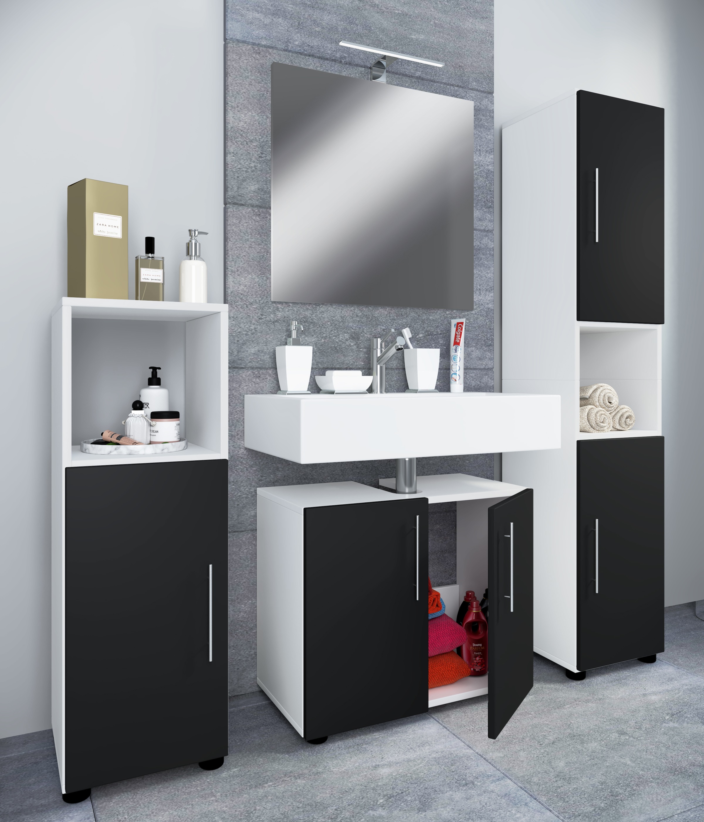VCM Waschbeckenunterschrank »VCM 4-tlg. Badmöbelset | Badmöbel | Set aus Unterschrank, Midischrank, Hochschrank und Spiegel | Badezimmermöbel ¿ Flandu II«, (4 St.)