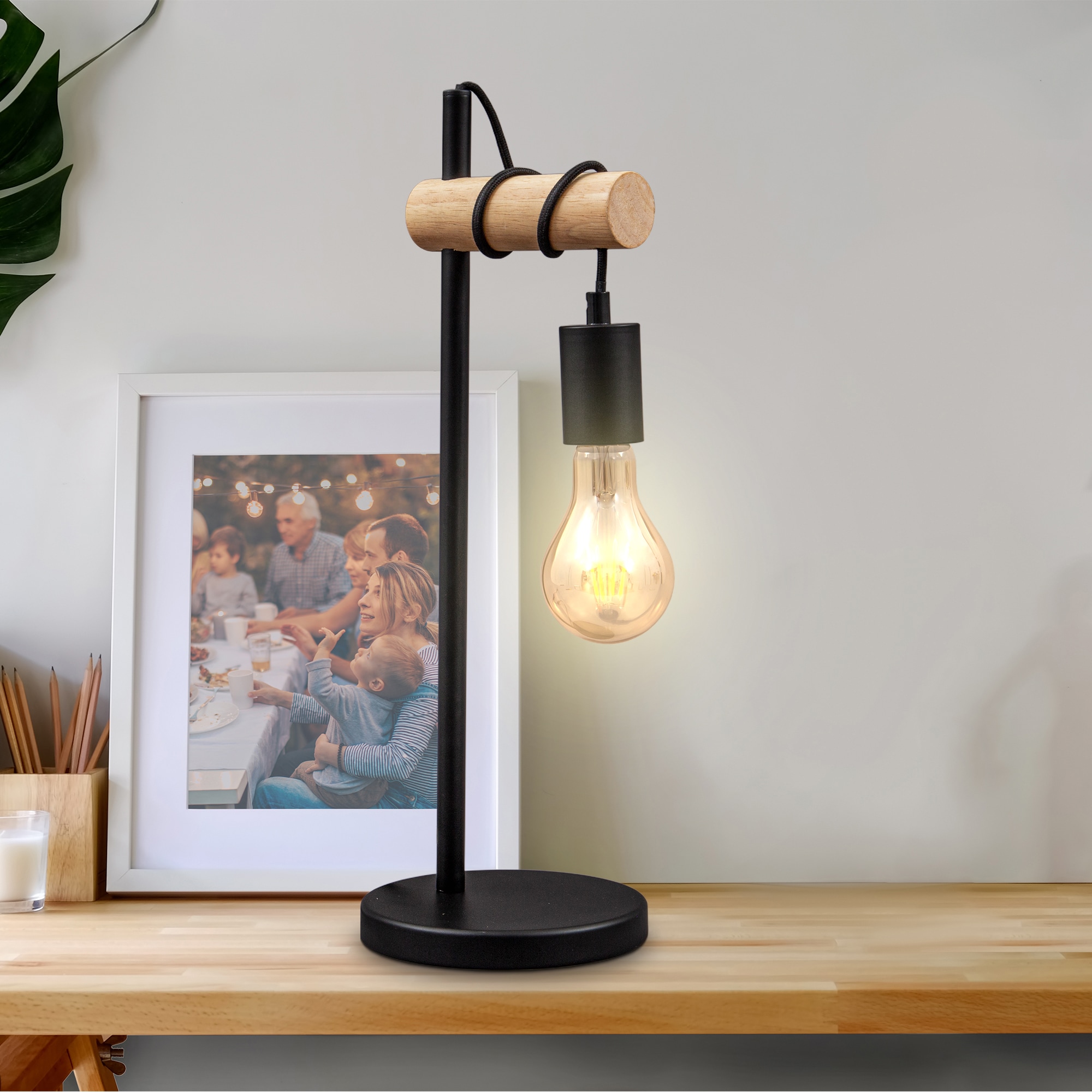B.K.Licht Tischleuchte, 1 flammig, Leuchtmittel E27 | ohne Leuchtmittel, Tischlampe, 1 flammig,Industrial-Design, Retro, Stahl, Holz, rund