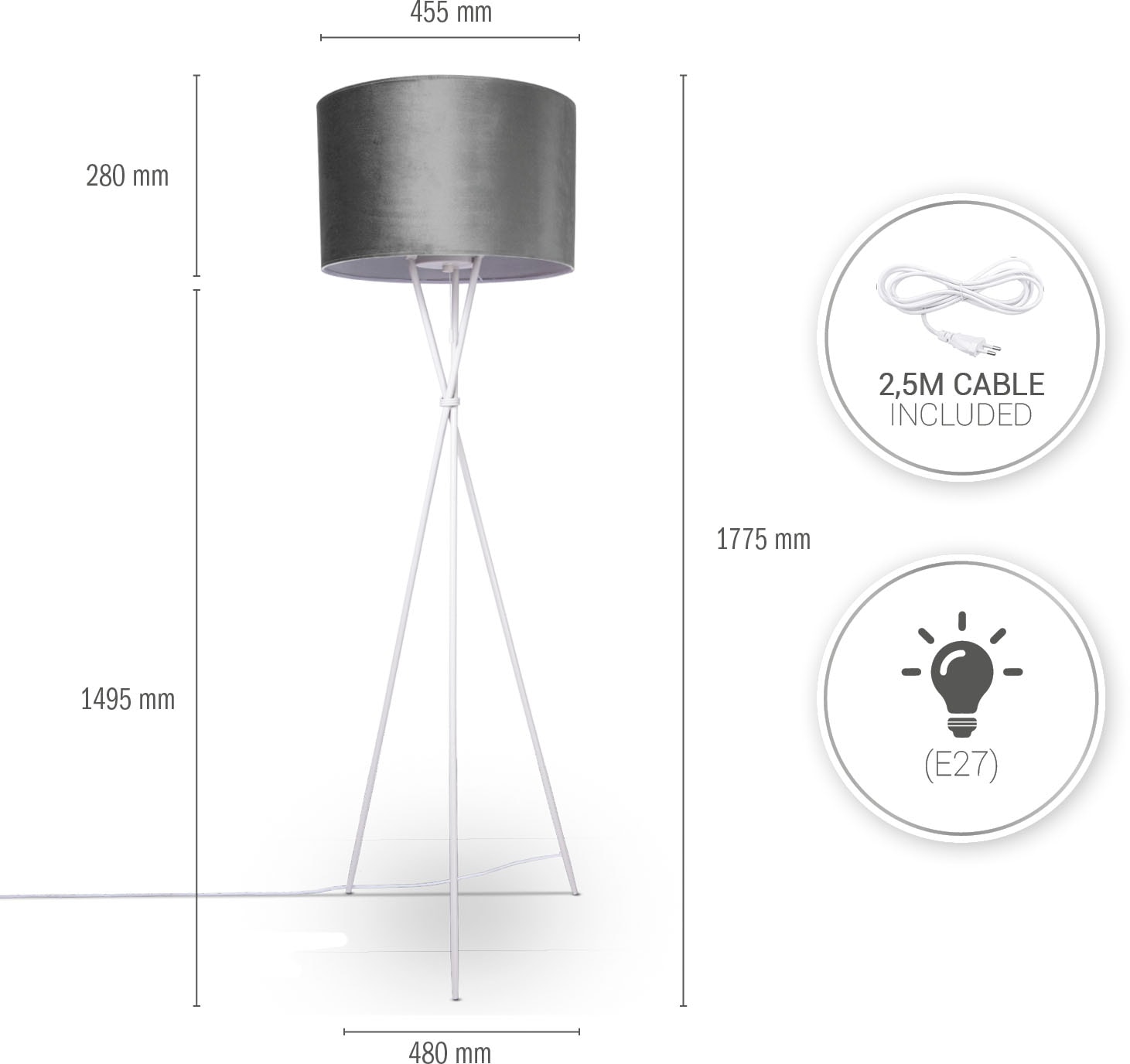 Paco Home Stehlampe »Kate uni Color«, Leuchtmittel E27 | ohne Leuchtmittel, Wohnzimmer Dreibein Standleuchte Velour Höhe 177,5cm Filigran E27